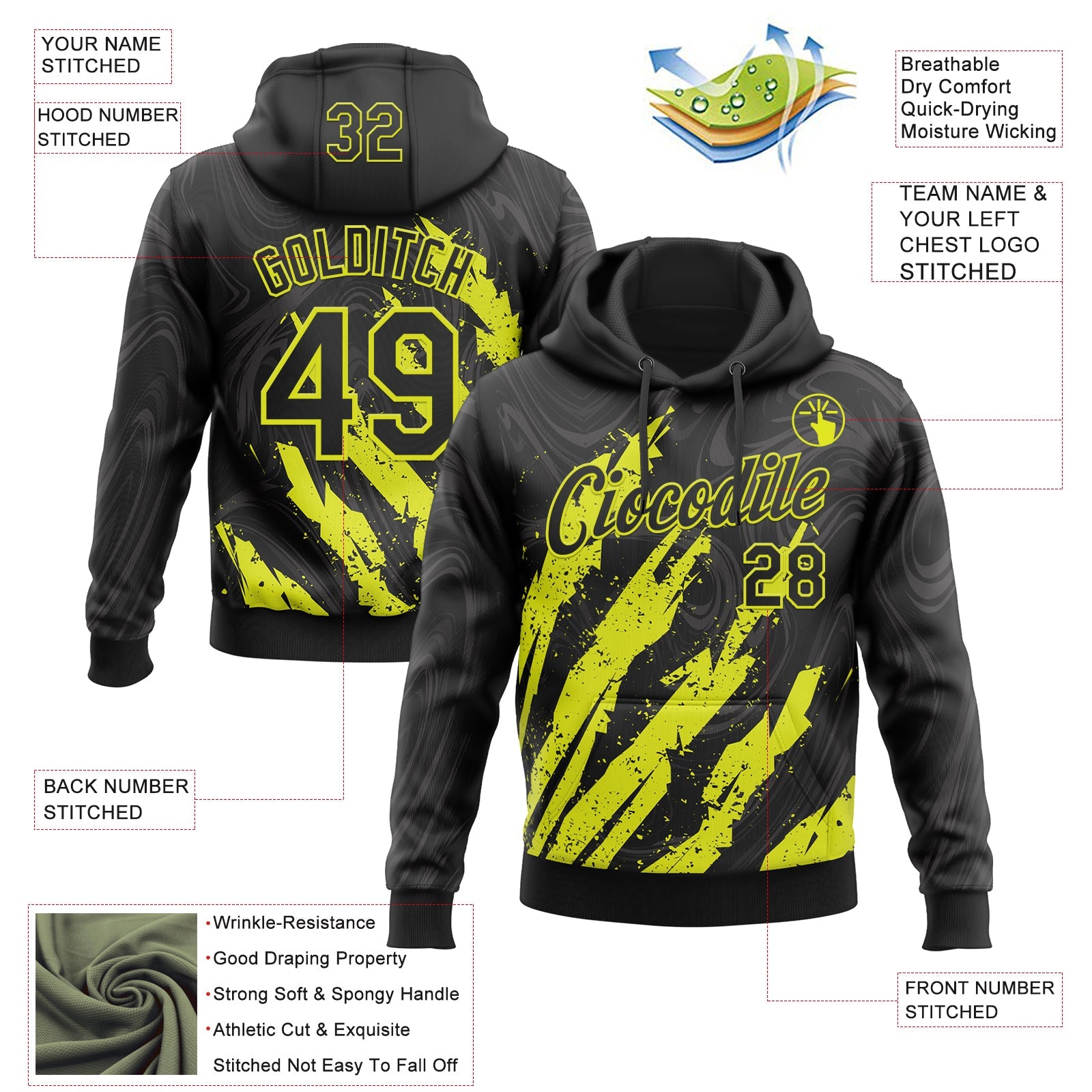 Custom Stitched Black Neon Yellow Splash Sports Pullover Sweatshirt Hoodie view 4