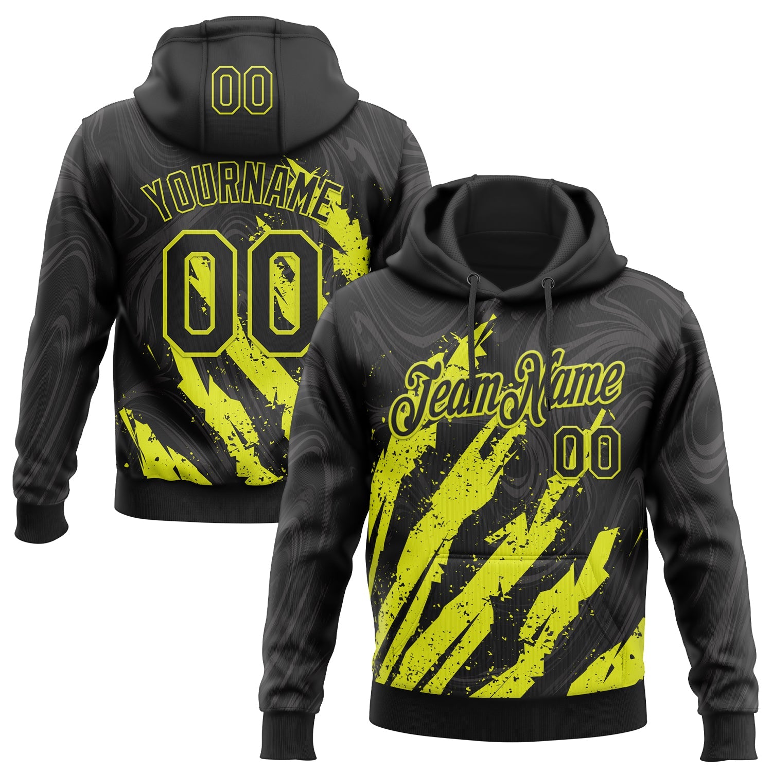 Custom Stitched Black Neon Yellow Splash Sports Pullover Sweatshirt Hoodie - Main View