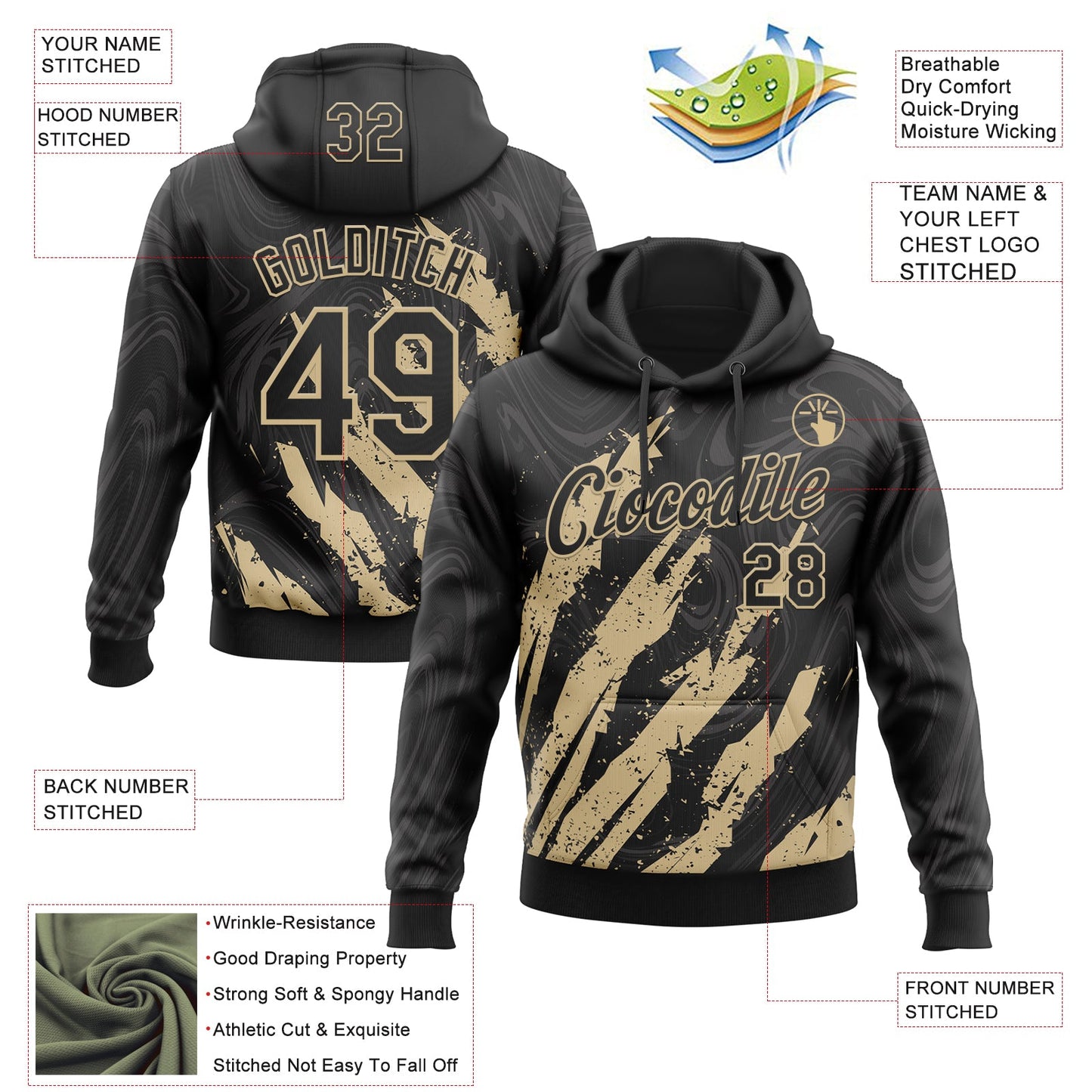 Custom Stitched Black Vegas Gold Splash Sports Pullover Sweatshirt Hoodie view 4