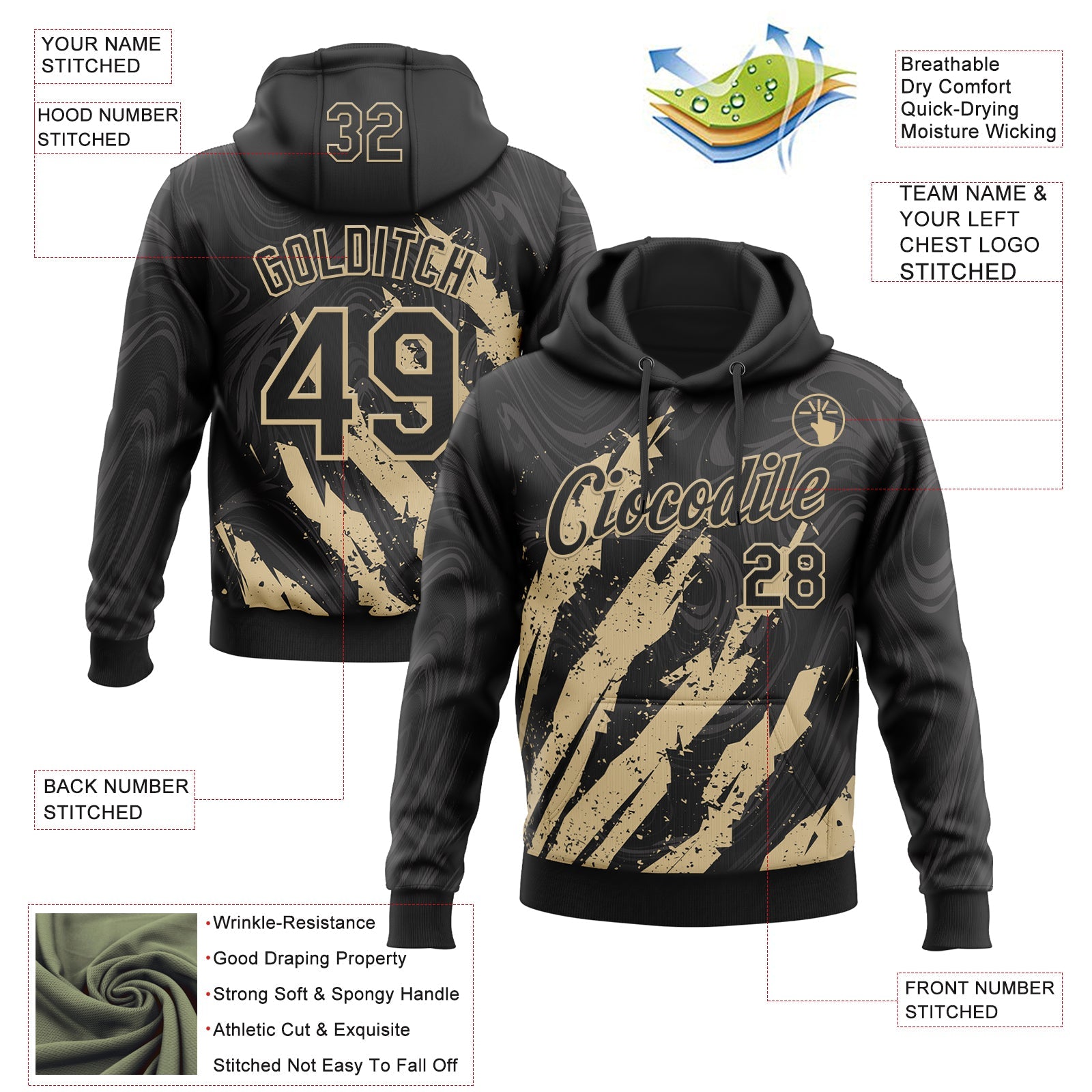 Custom Stitched Black Vegas Gold Splash Sports Pullover Sweatshirt Hoodie view 4