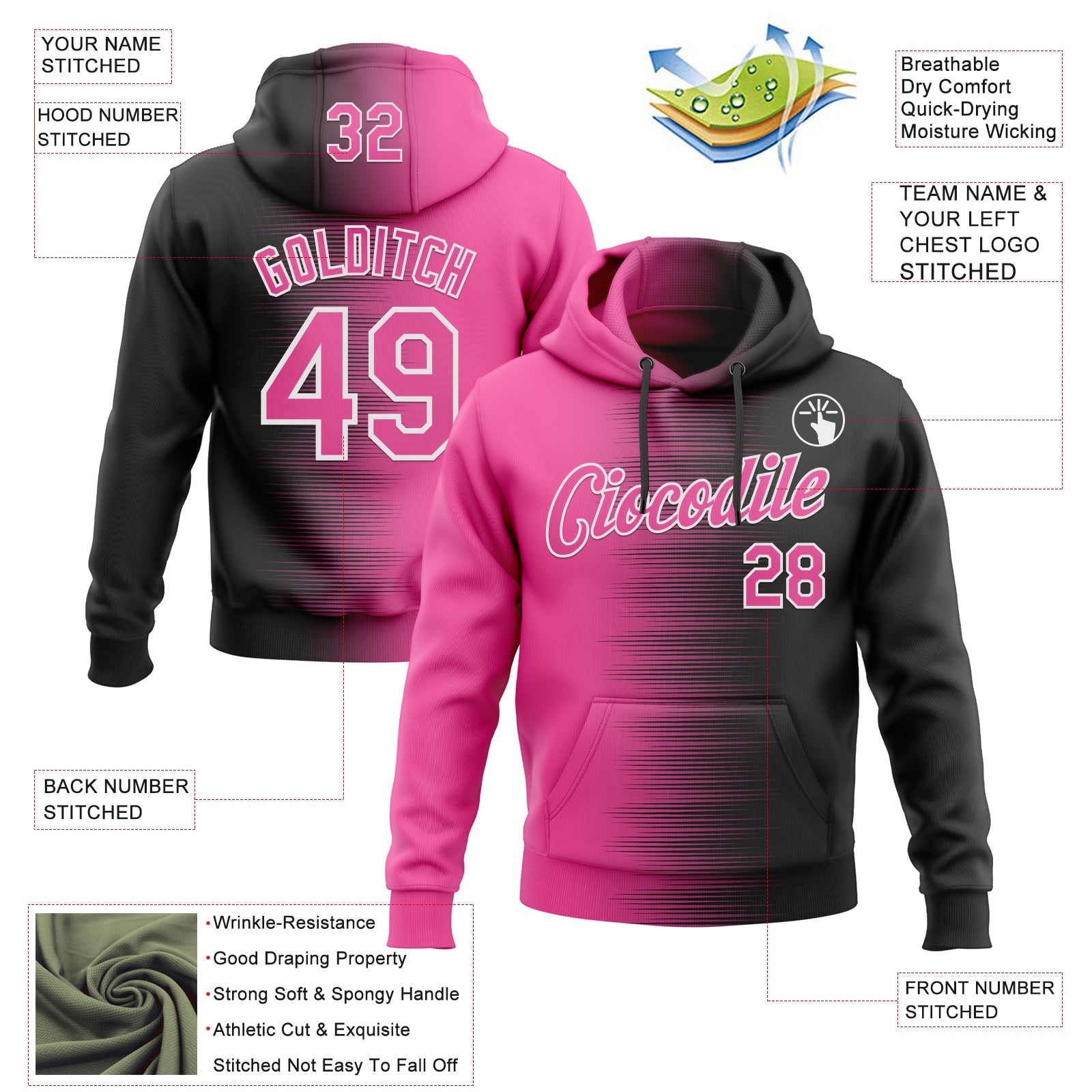 Custom Stitched Black Pink-White Gradient Line Sports Pullover Sweatshirt Hoodie view 4