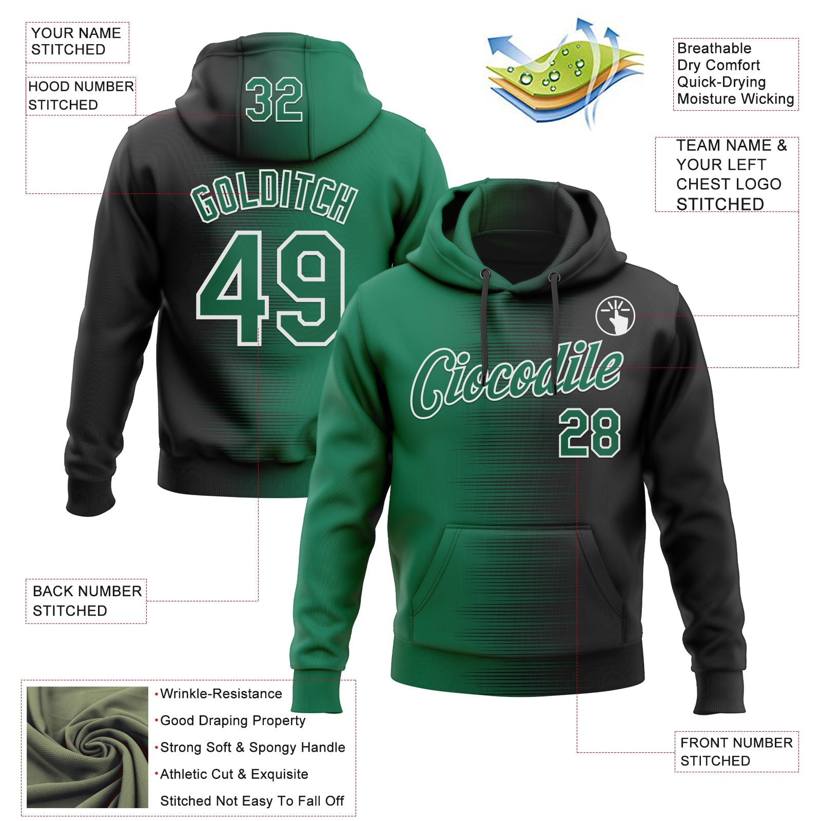Custom Stitched Black Kelly Green-White Gradient Line Sports Pullover Sweatshirt Hoodie view 4