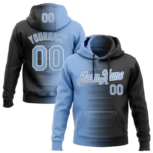 Custom Stitched Black Light Blue-White Gradient Line Sports Pullover Sweatshirt Hoodie - Main View