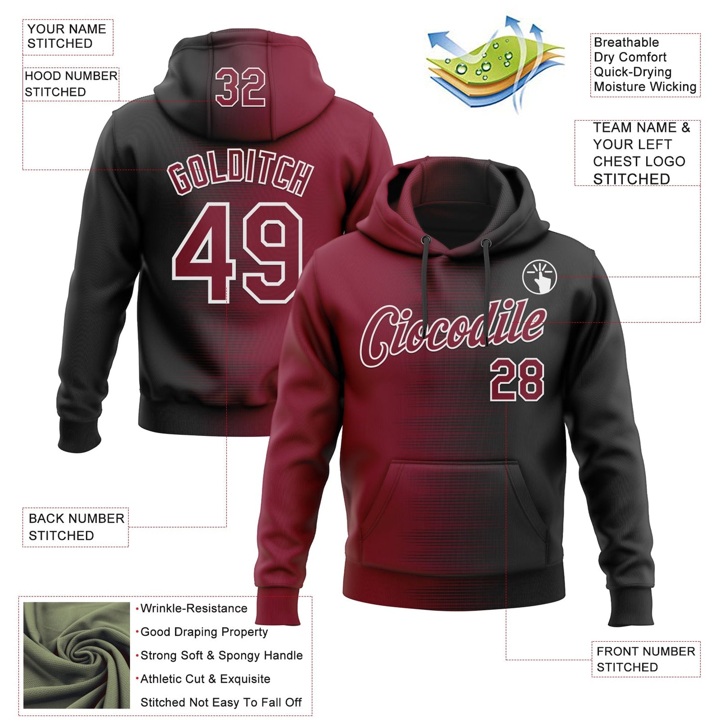 Custom Stitched Black Crimson-White Gradient Line Sports Pullover Sweatshirt Hoodie view 4