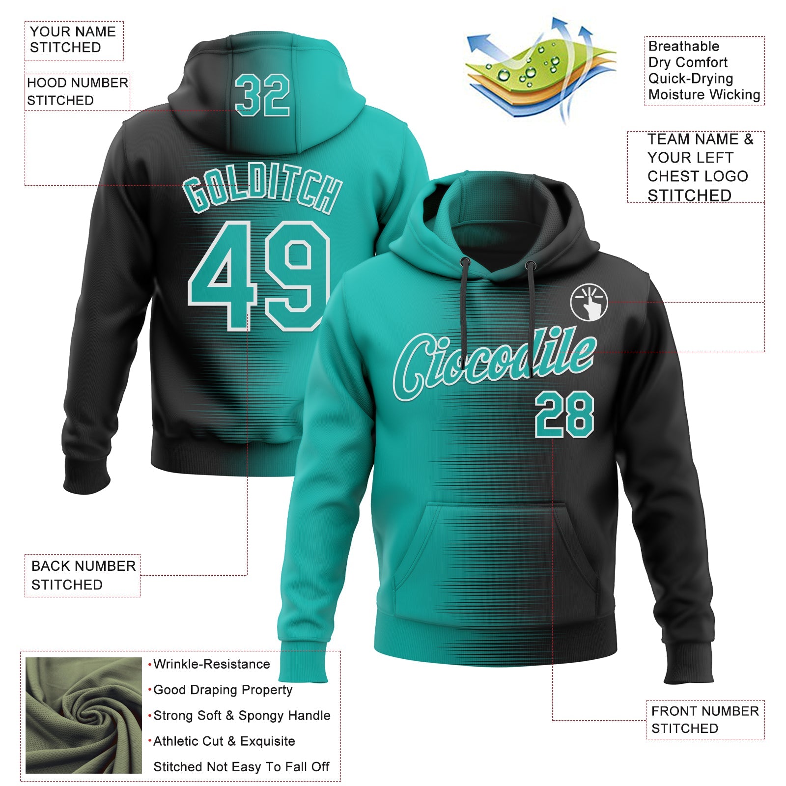 Custom Stitched Black Aqua-White Gradient Line Sports Pullover Sweatshirt Hoodie view 4