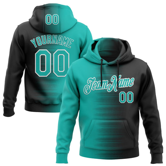 Custom Stitched Black Aqua-White Gradient Line Sports Pullover Sweatshirt Hoodie - Main View