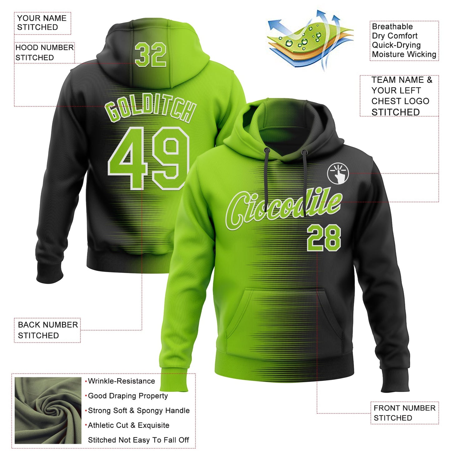 Custom Stitched Black Neon Green-White Gradient Line Sports Pullover Sweatshirt Hoodie view 4