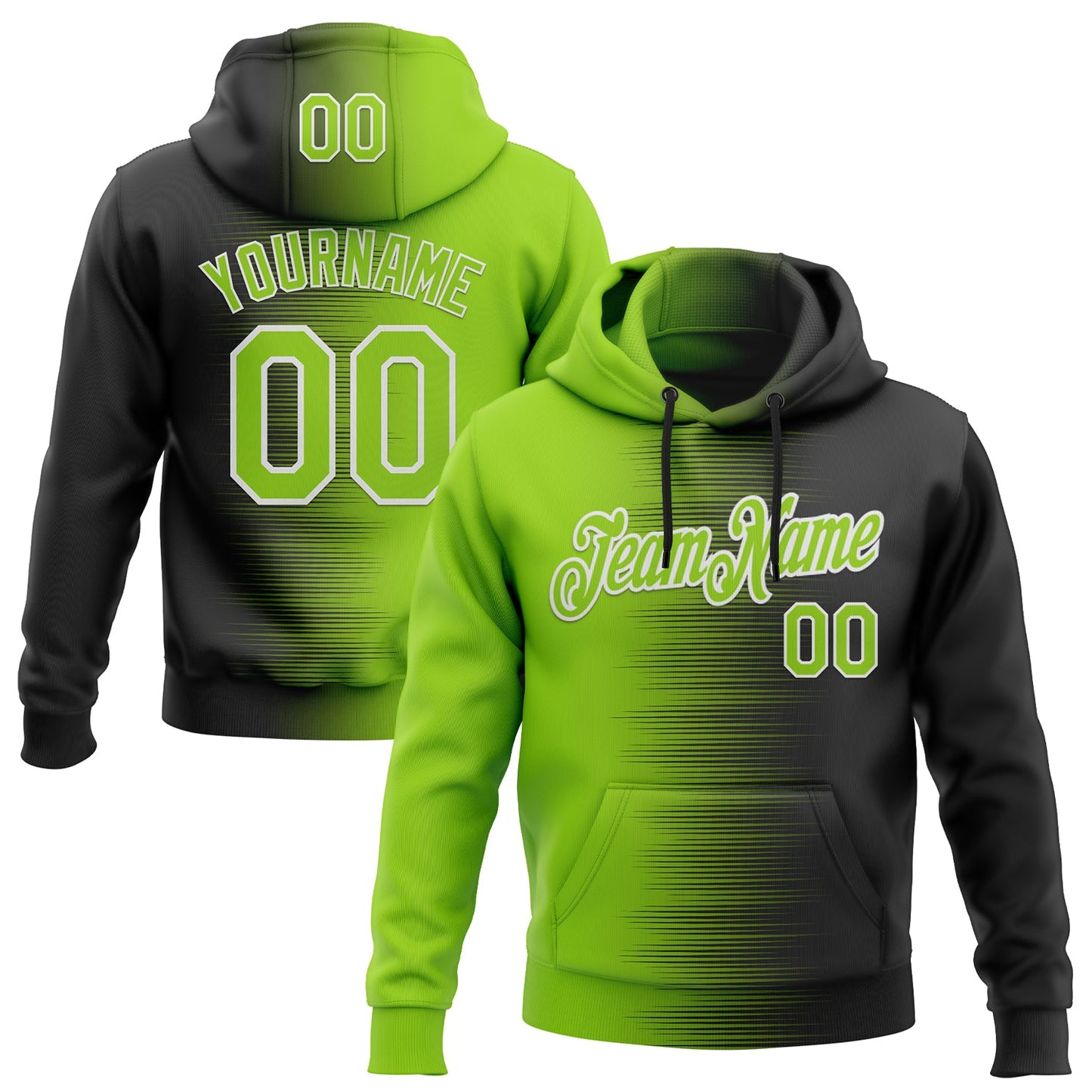 Custom Stitched Black Neon Green-White Gradient Line Sports Pullover Sweatshirt Hoodie - Main View
