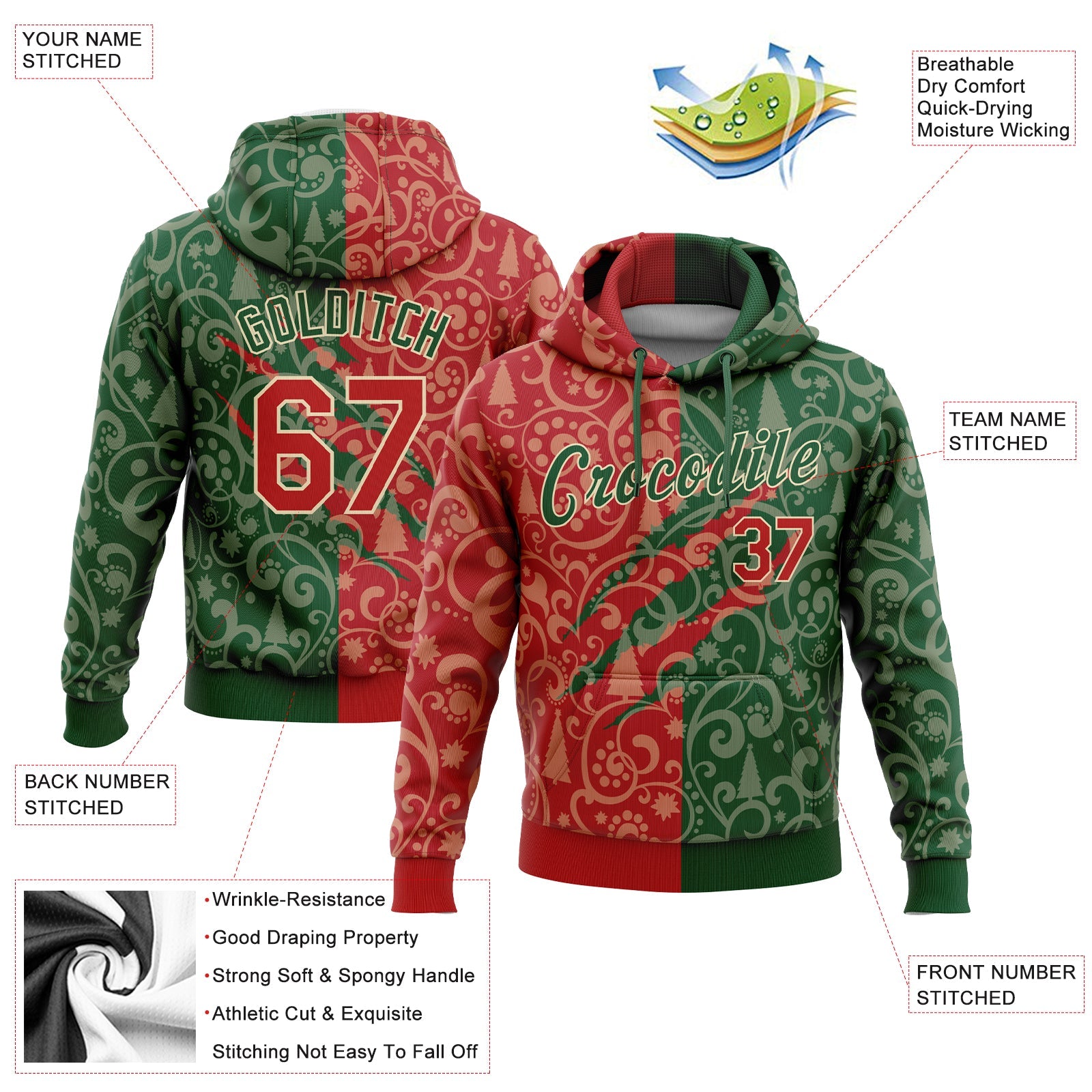 Custom Stitched Green Red-Cream 3D Christmas Sports Pullover Sweatshirt Hoodie view 2