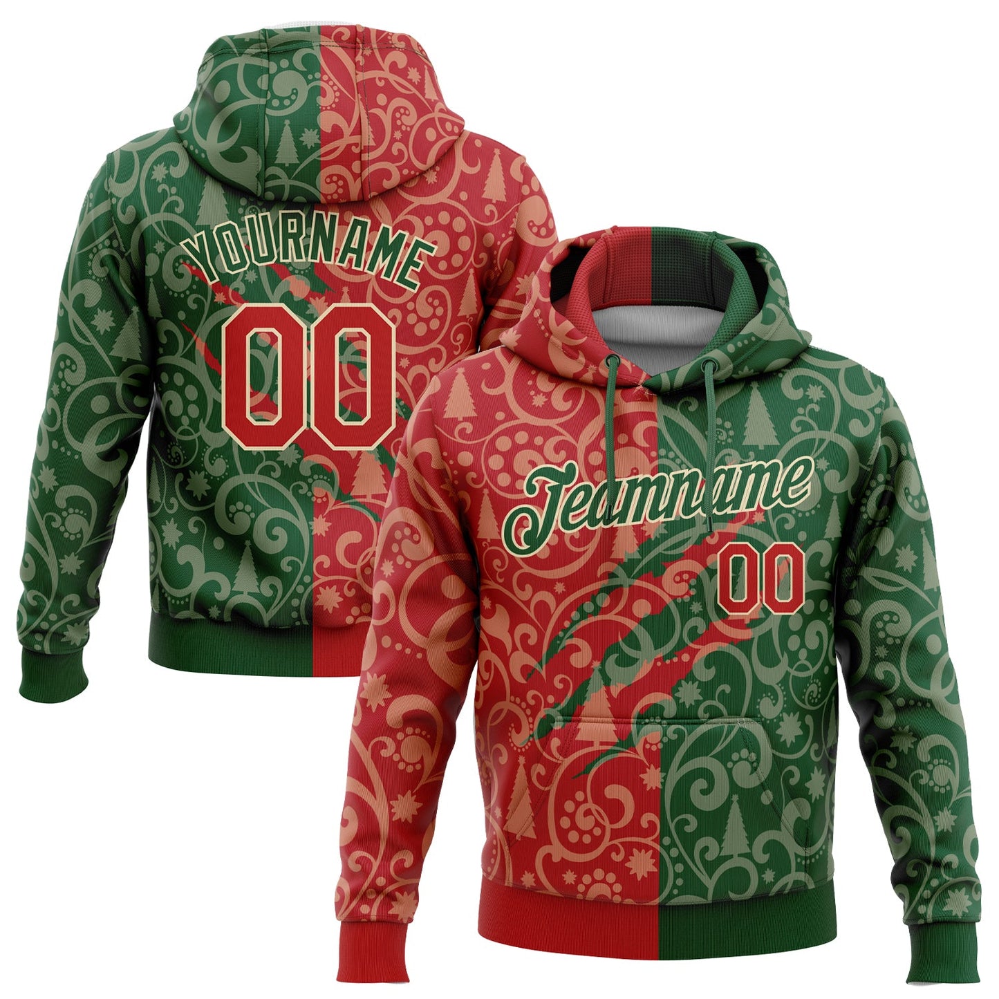 Custom Stitched Green Red-Cream 3D Christmas Sports Pullover Sweatshirt Hoodie - Main View