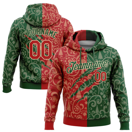 Custom Stitched Green Red-Cream 3D Christmas Sports Pullover Sweatshirt Hoodie - Main View