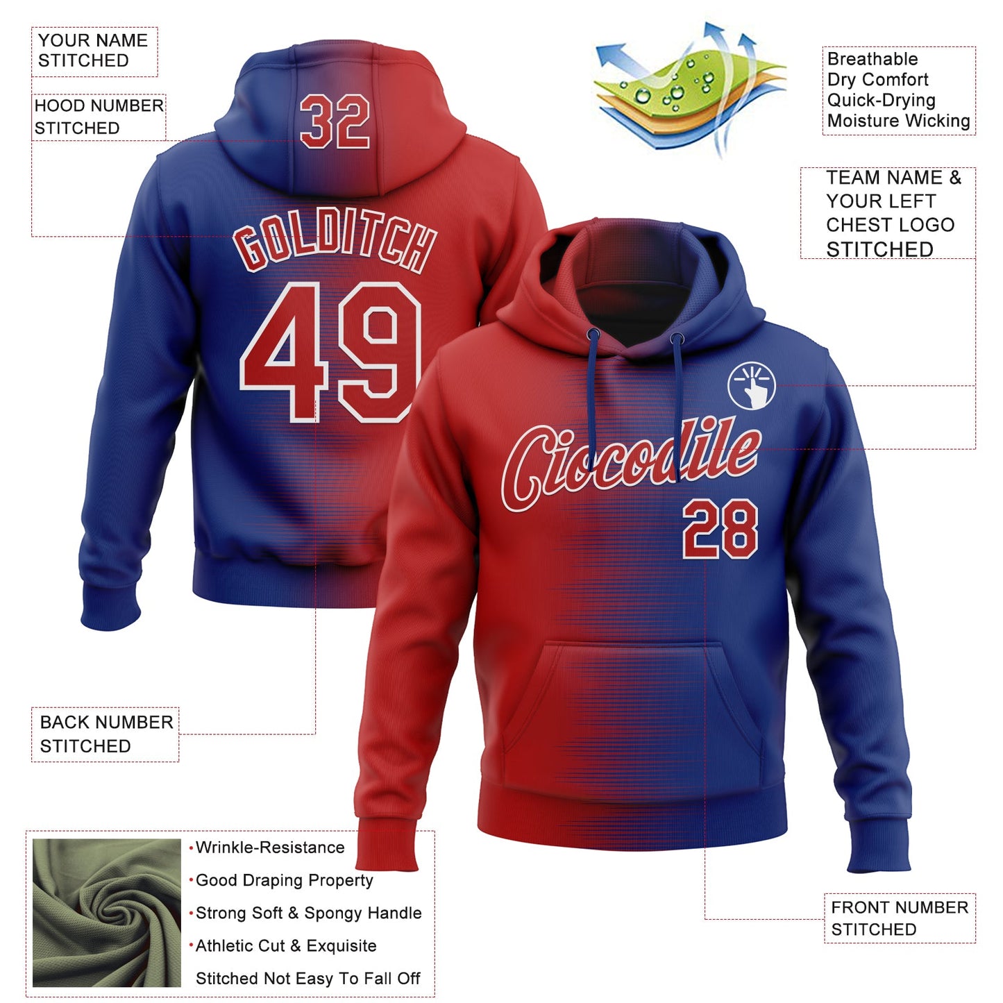 Custom Stitched Royal Red-White Gradient Line Sports Pullover Sweatshirt Hoodie view 4