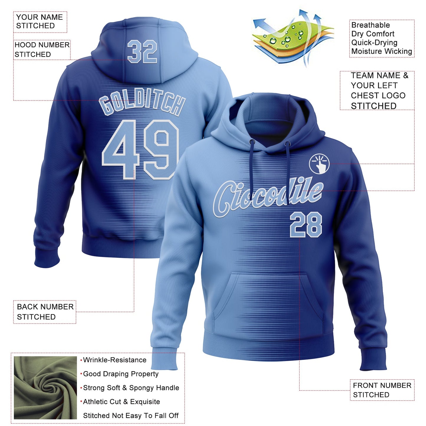 Custom Stitched Royal Light Blue-White Gradient Line Sports Pullover Sweatshirt Hoodie view 4