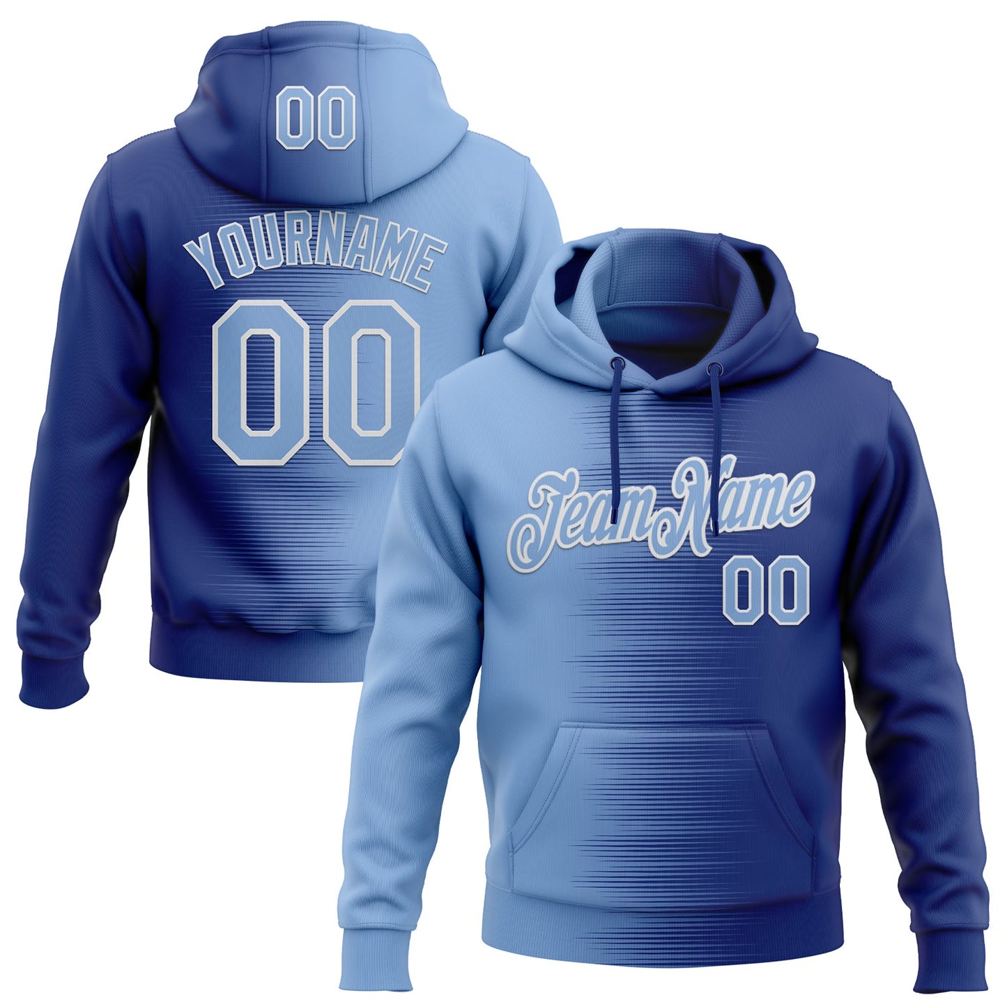 Custom Stitched Royal Light Blue-White Gradient Line Sports Pullover Sweatshirt Hoodie - Main View