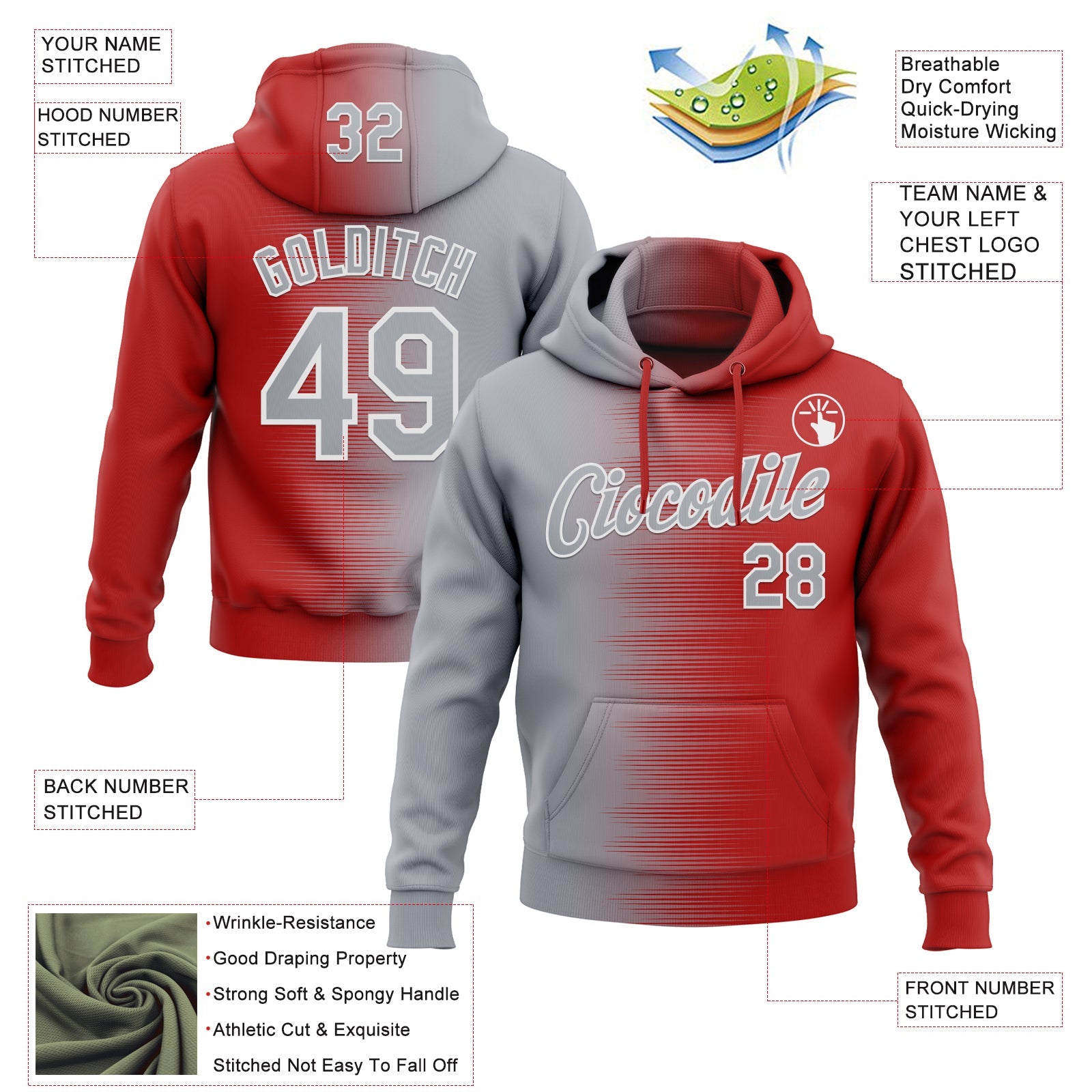 Custom Stitched Red Gray-White Gradient Line Sports Pullover Sweatshirt Hoodie view 4