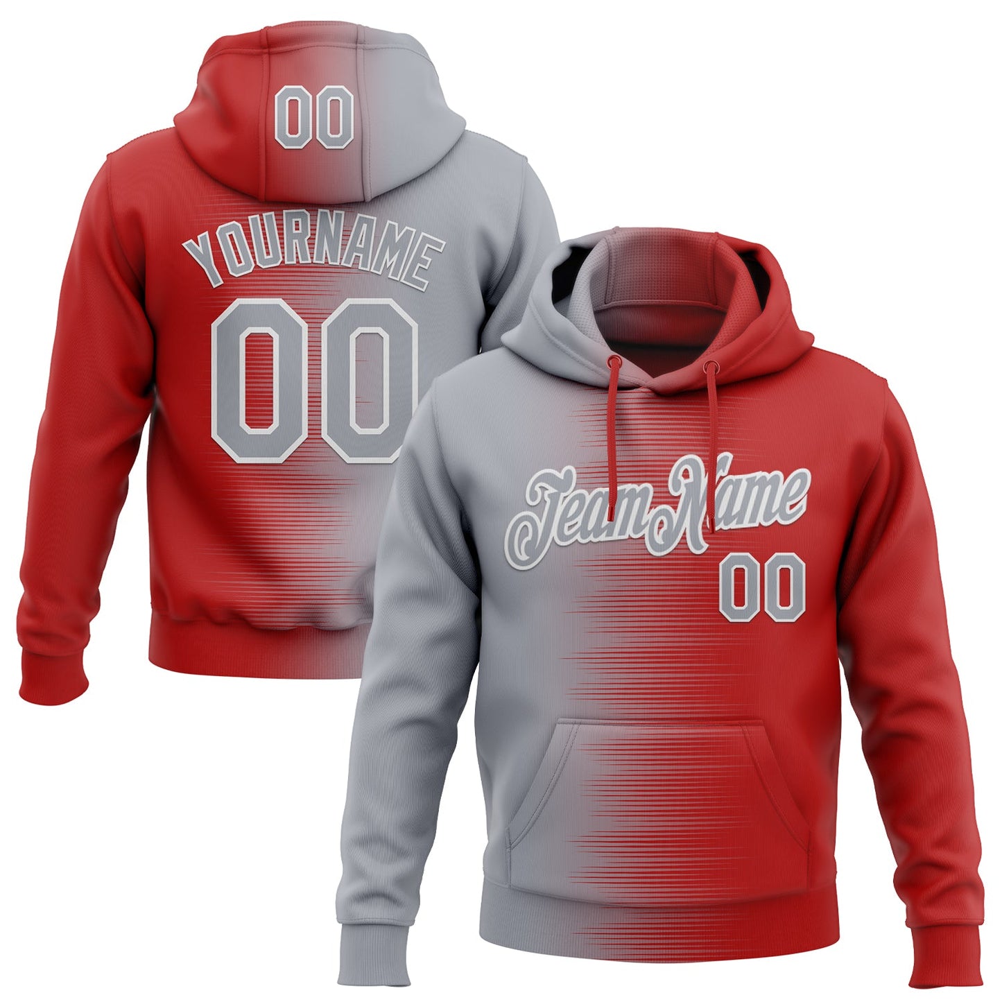 Custom Stitched Red Gray-White Gradient Line Sports Pullover Sweatshirt Hoodie - Main View