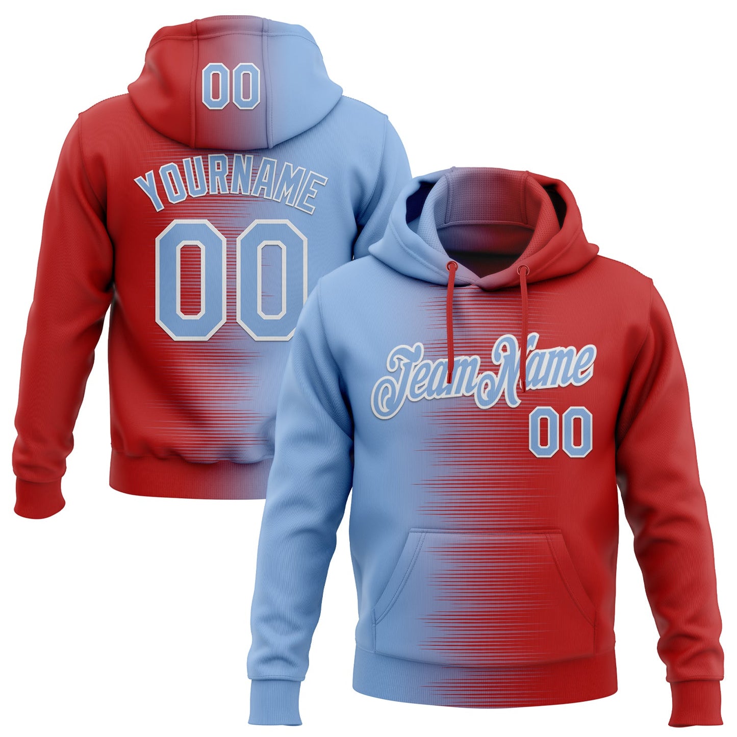 Custom Stitched Red Light Blue-White Gradient Line Sports Pullover Sweatshirt Hoodie - Main View