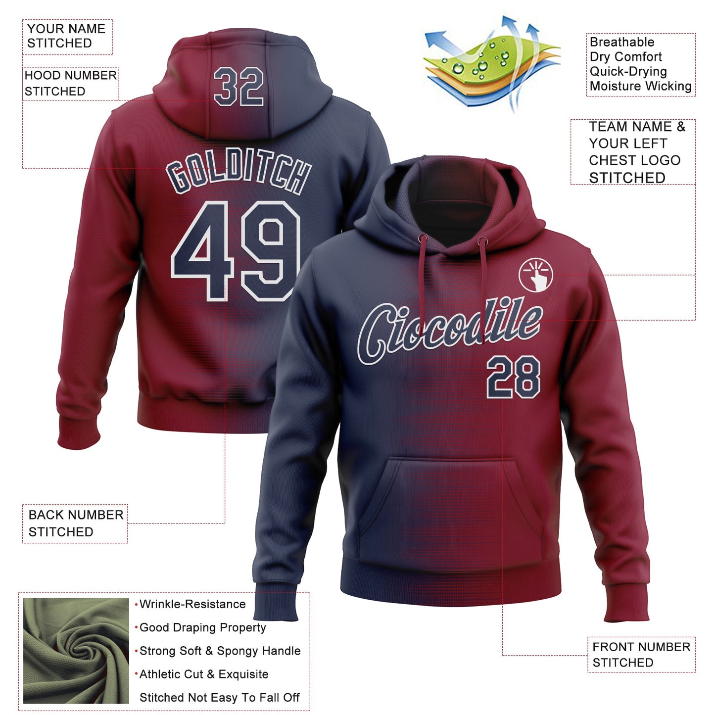 Custom Stitched Crimson Navy-White Gradient Line Sports Pullover Sweatshirt Hoodie view 4