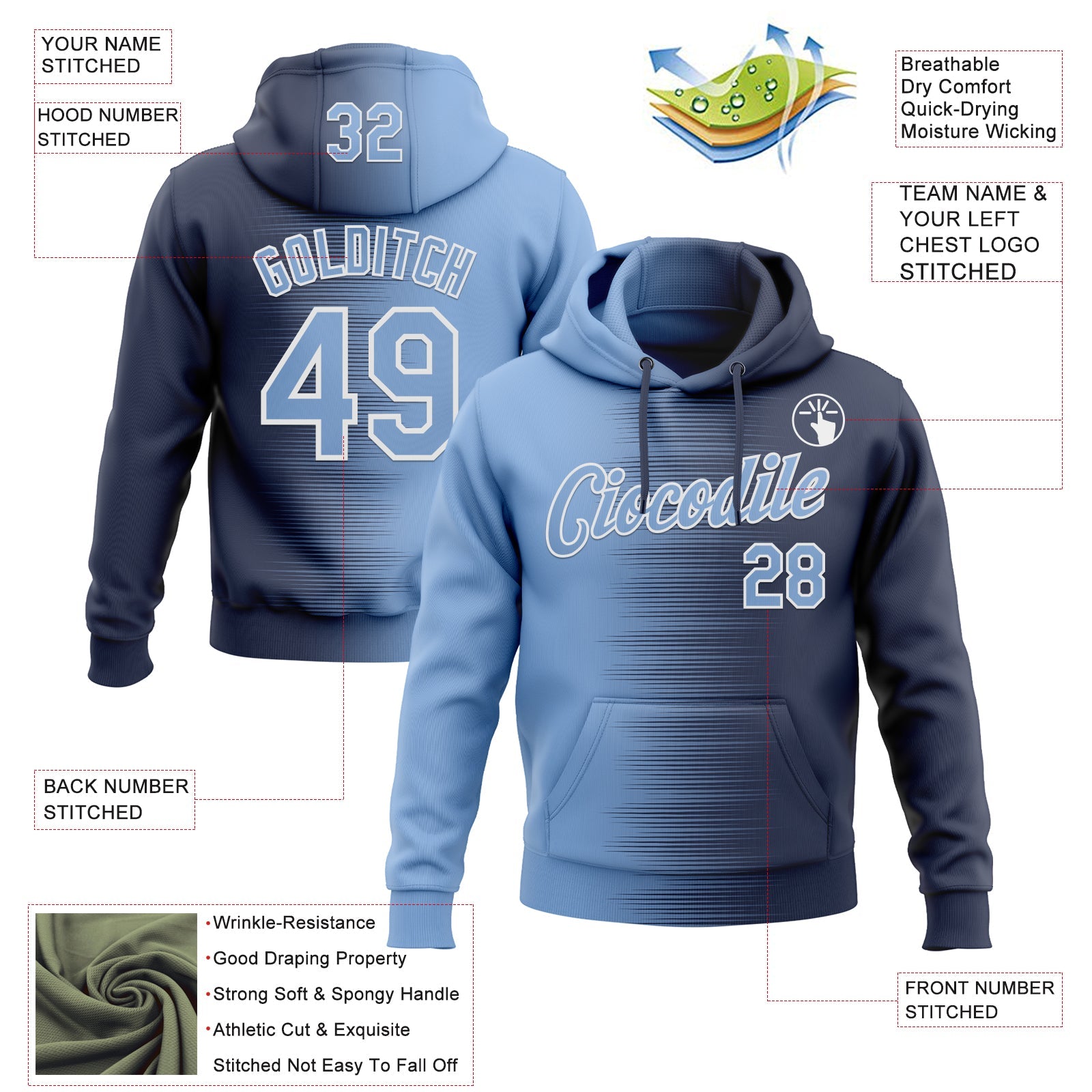 Custom Stitched Navy Light Blue-White Gradient Line Sports Pullover Sweatshirt Hoodie view 4