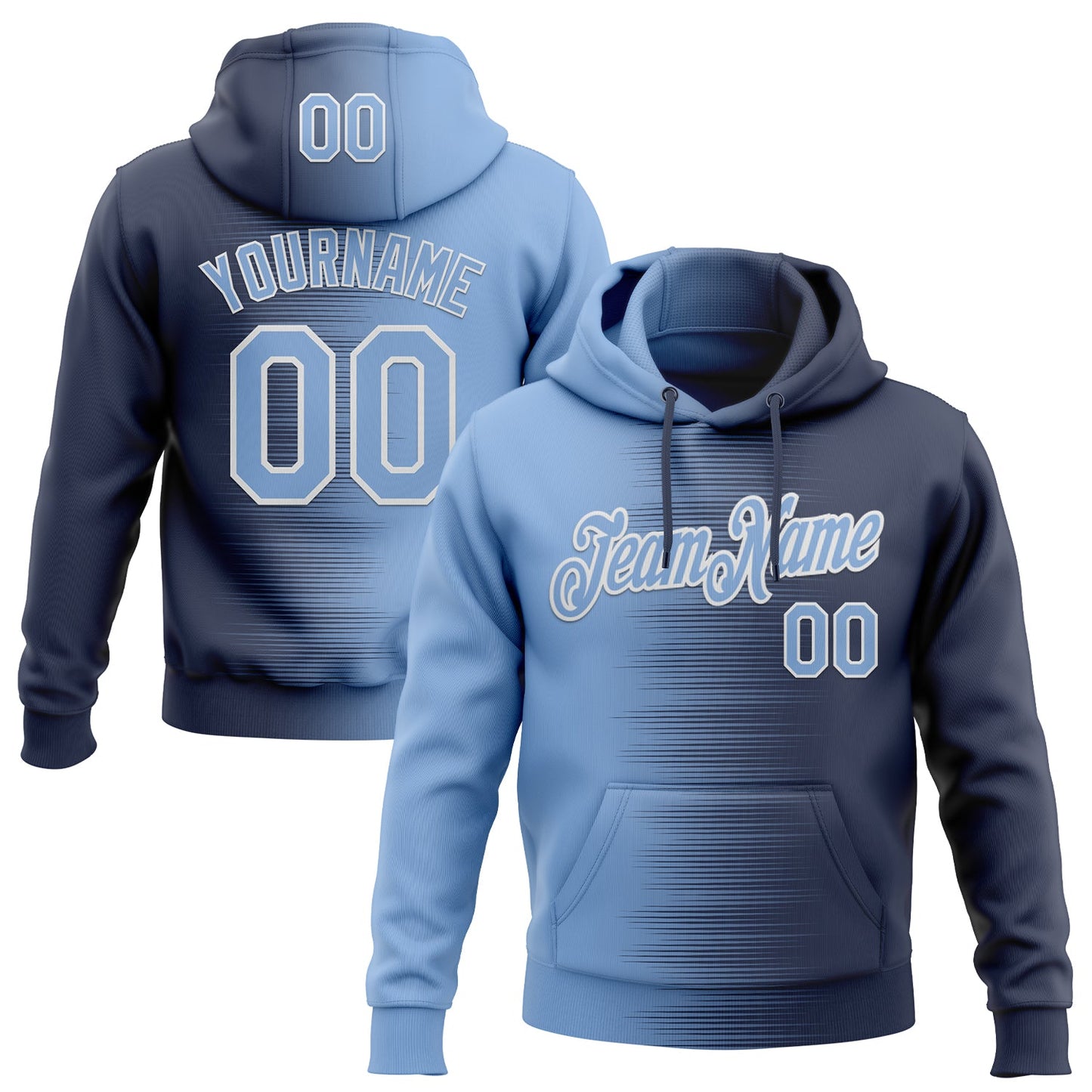 Custom Stitched Navy Light Blue-White Gradient Line Sports Pullover Sweatshirt Hoodie - Main View