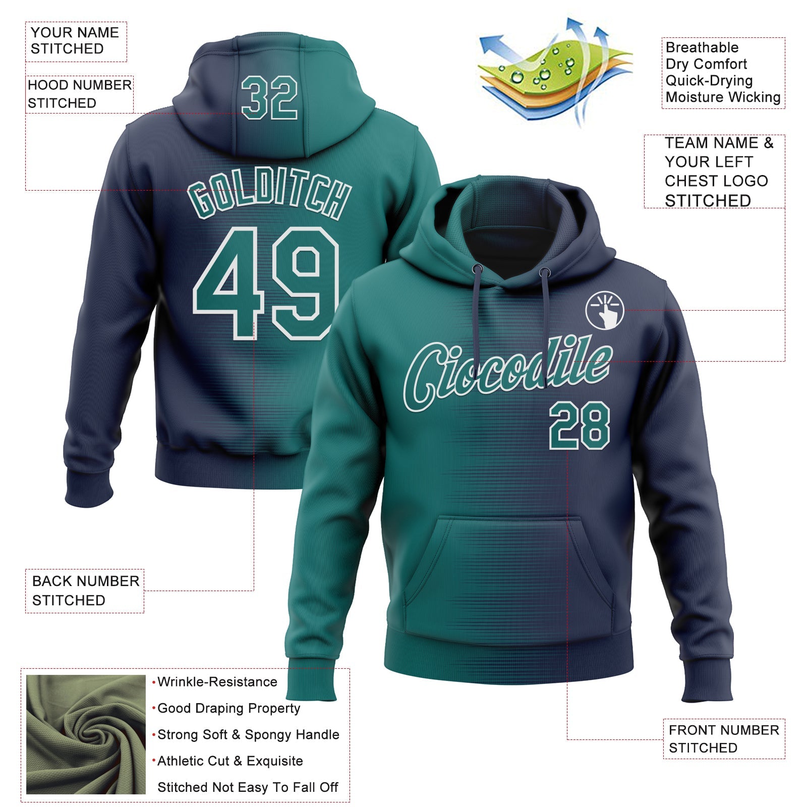 Custom Stitched Navy Teal-White Gradient Line Sports Pullover Sweatshirt Hoodie view 4