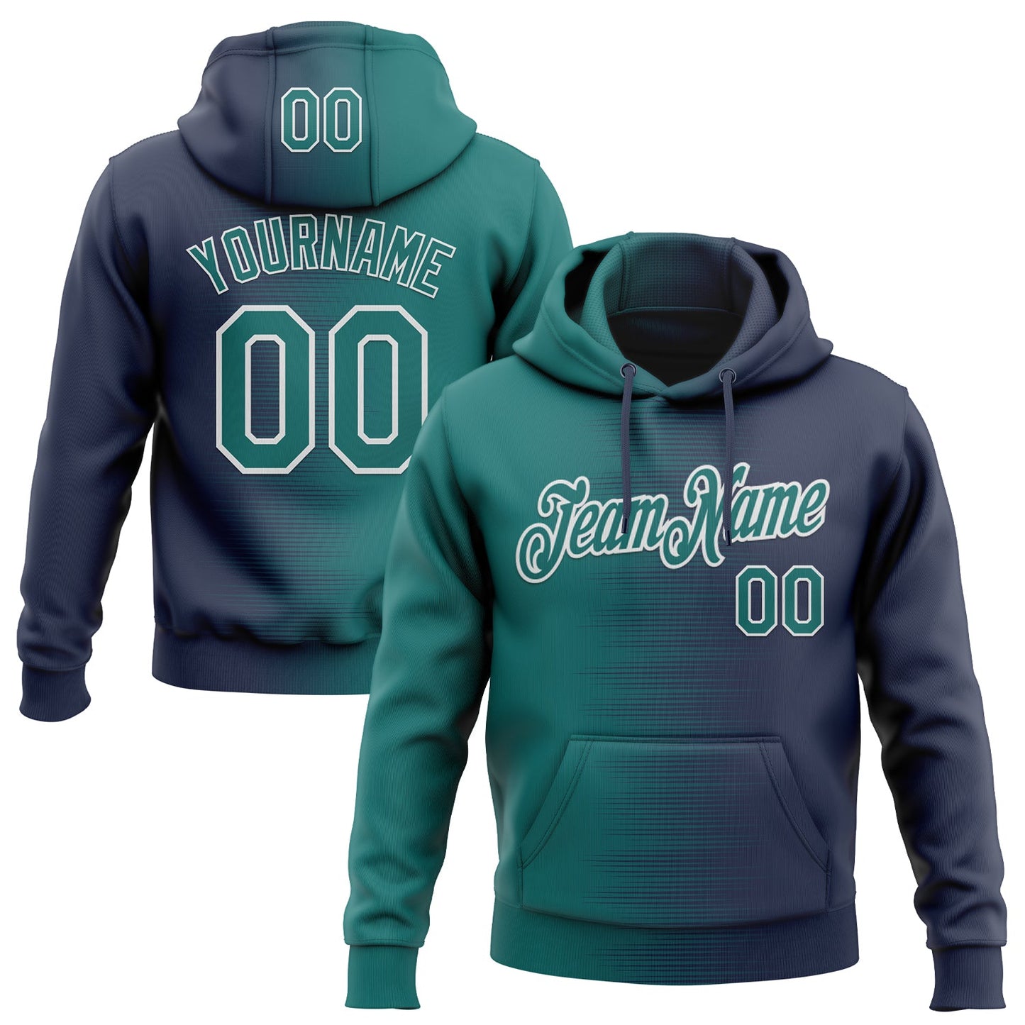 Custom Stitched Navy Teal-White Gradient Line Sports Pullover Sweatshirt Hoodie - Main View