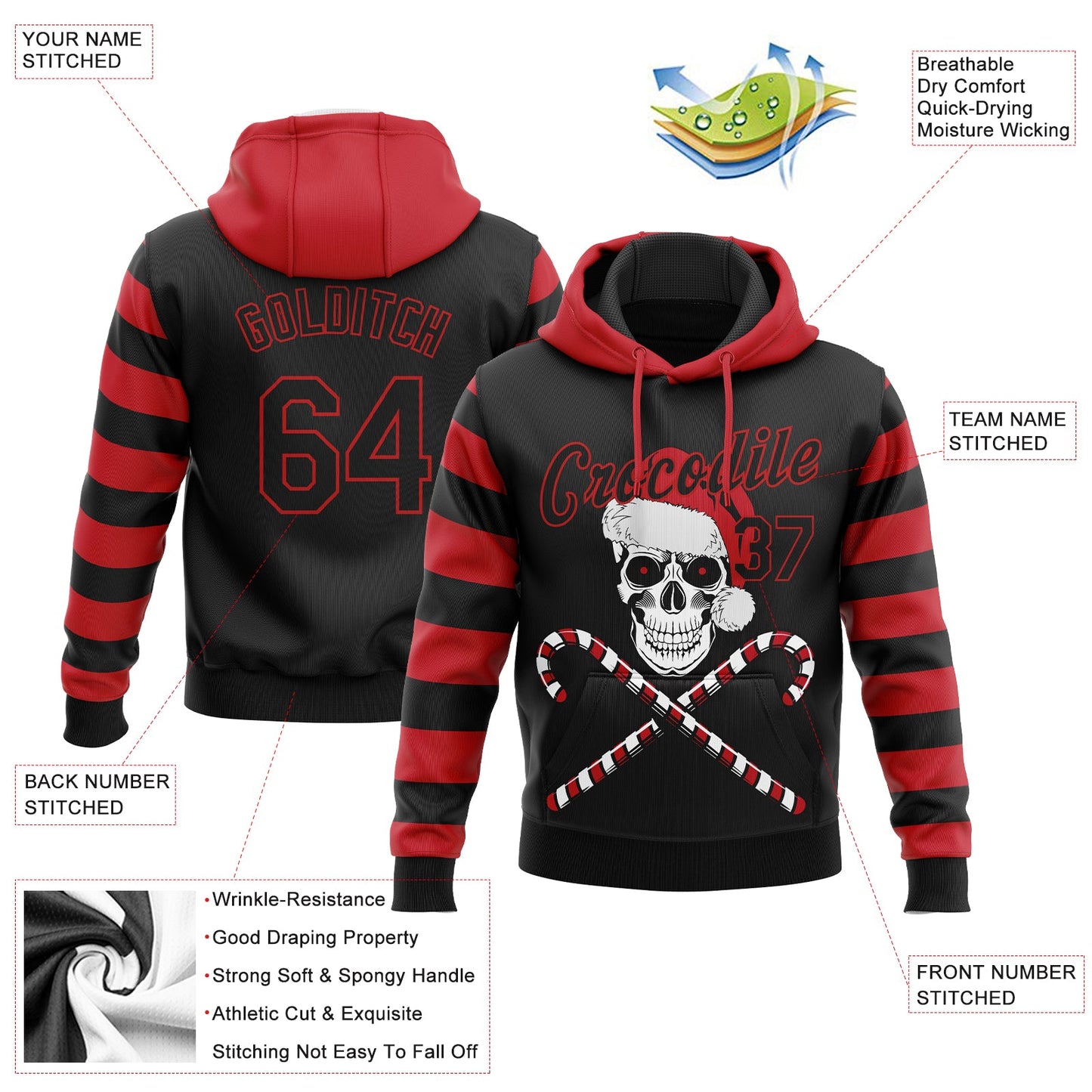 Custom Stitched Red Black-White 3D Skulls And Christmas Santa's Hat Sports Pullover Sweatshirt Hoodie view 2