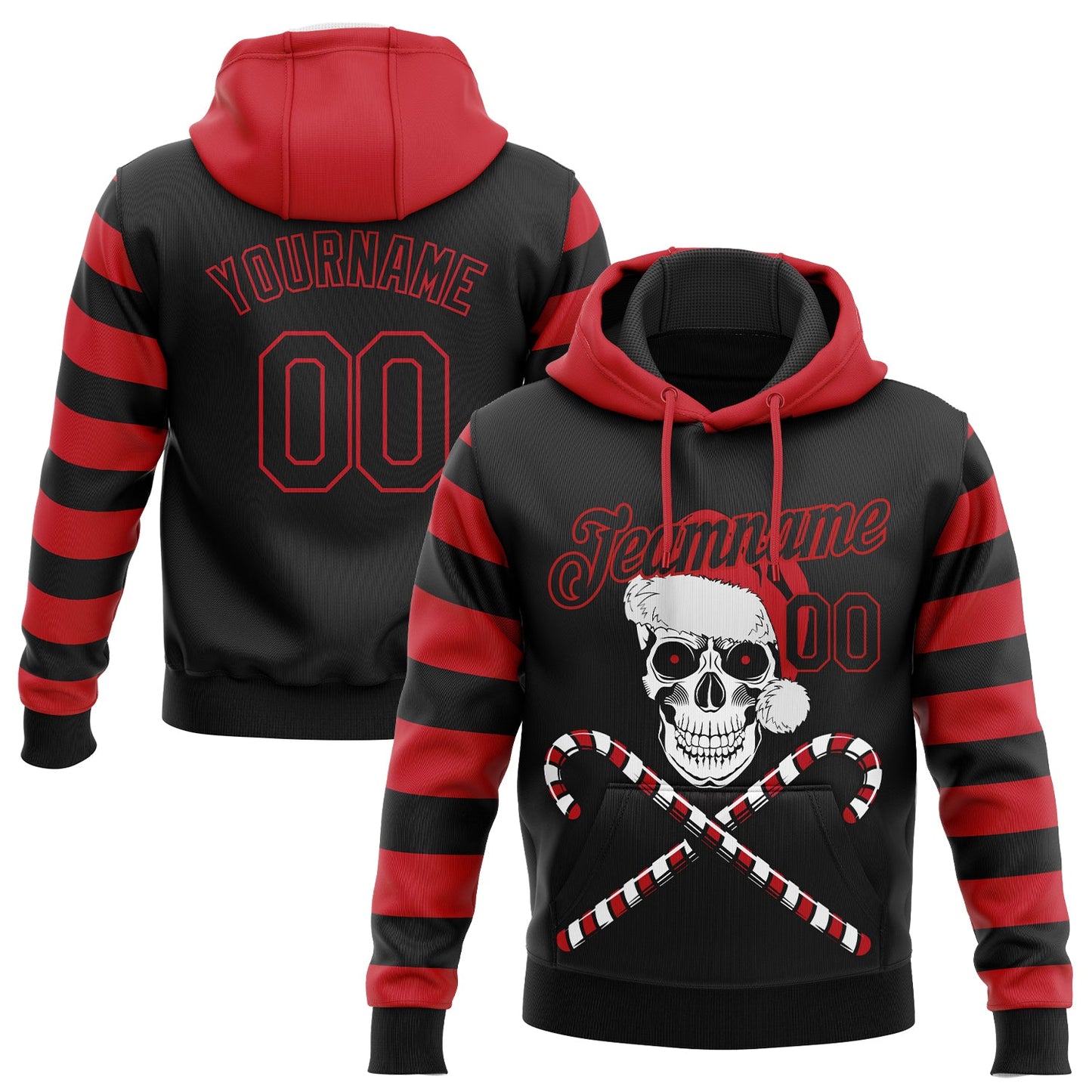 Custom Stitched Red Black-White 3D Skulls And Christmas Santa's Hat Sports Pullover Sweatshirt Hoodie - Main View