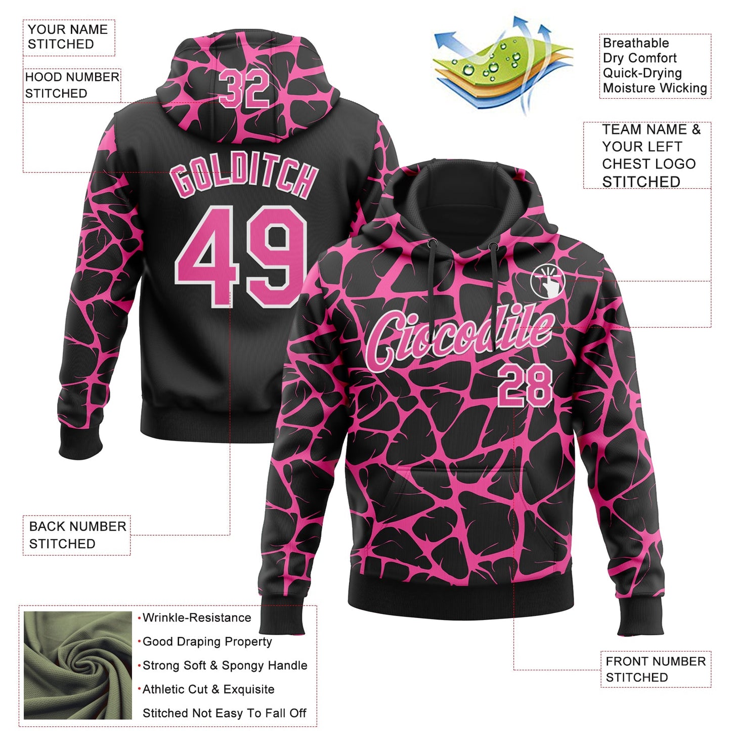 Custom Stitched Black Pink-White Abstract Network Pattern Sports Pullover Sweatshirt Hoodie view 4
