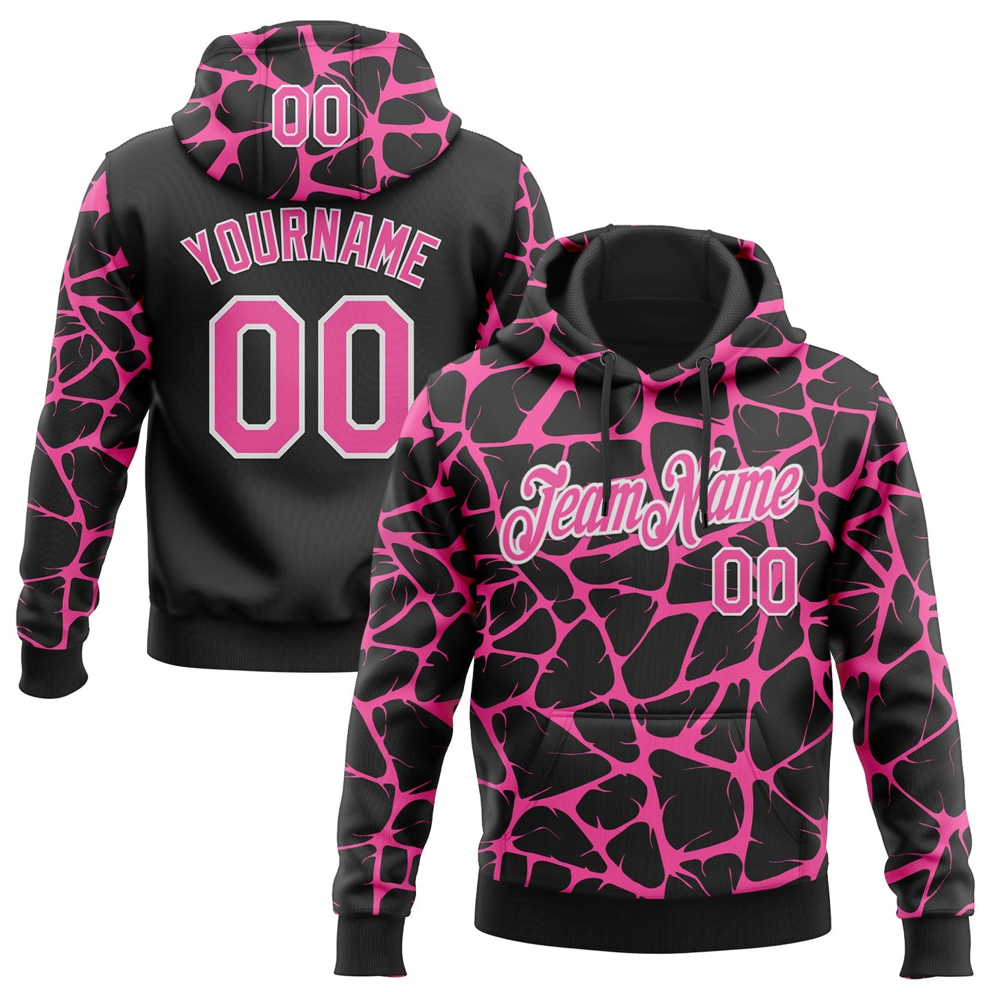 Custom Stitched Black Pink-White Abstract Network Pattern Sports Pullover Sweatshirt Hoodie - Main View