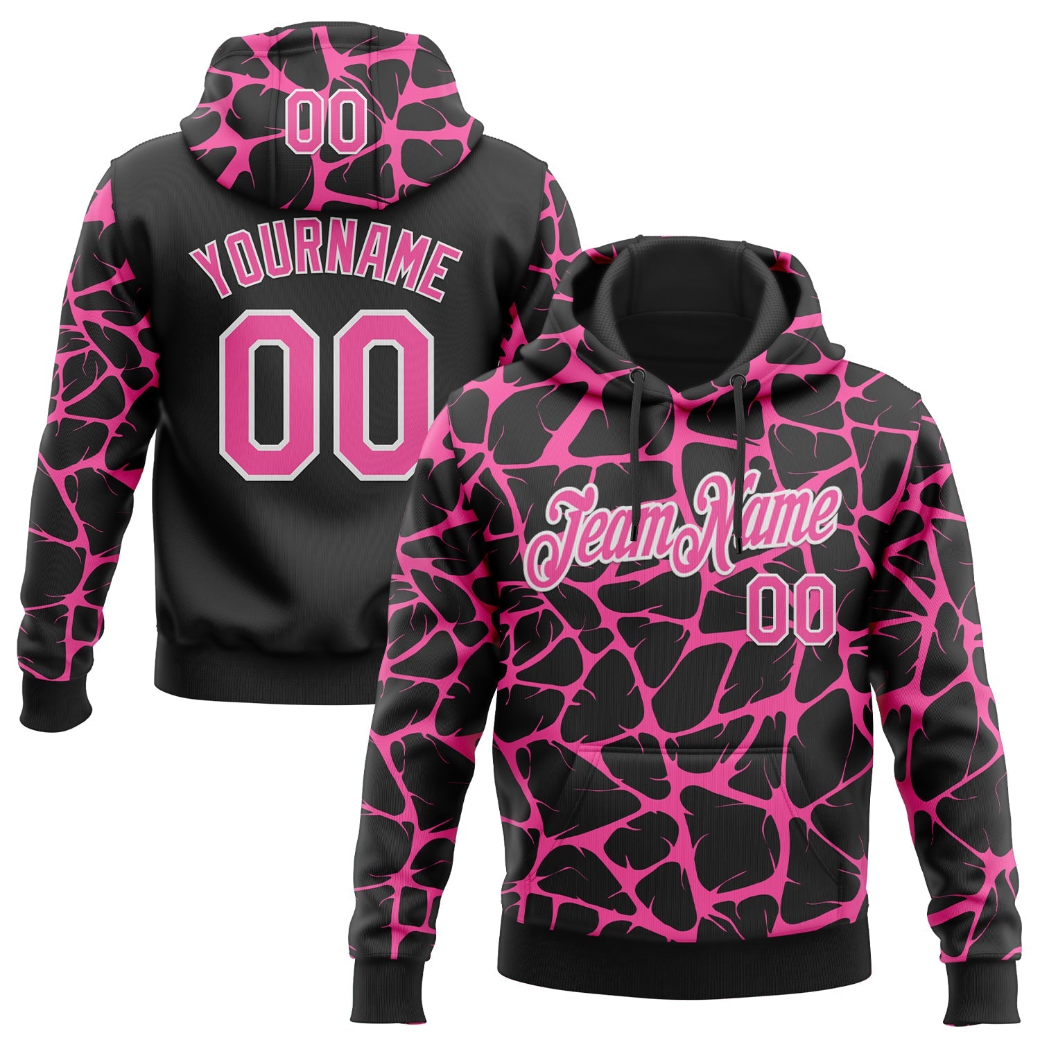 Custom Stitched Black Pink-White Abstract Network Pattern Sports Pullover Sweatshirt Hoodie - Main View