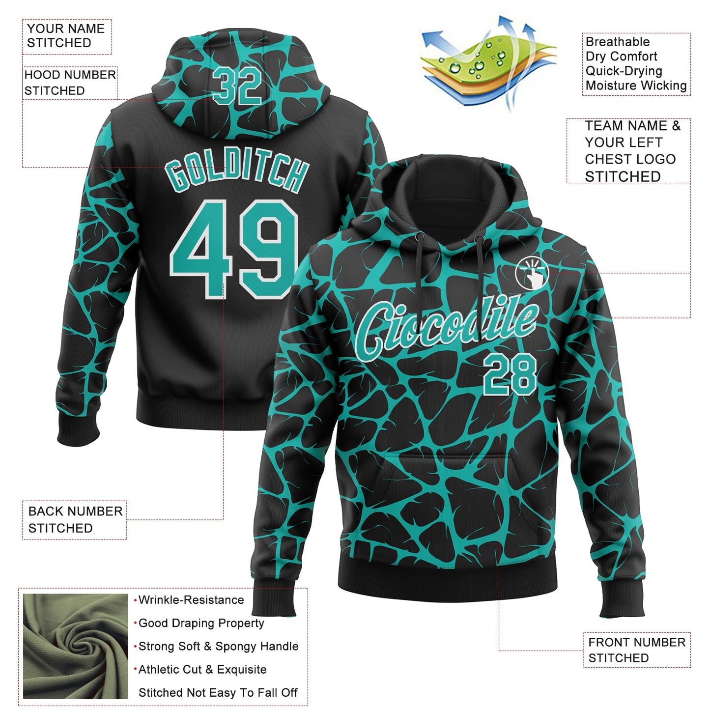 Custom Stitched Black Aqua-White Abstract Network Pattern Sports Pullover Sweatshirt Hoodie view 4
