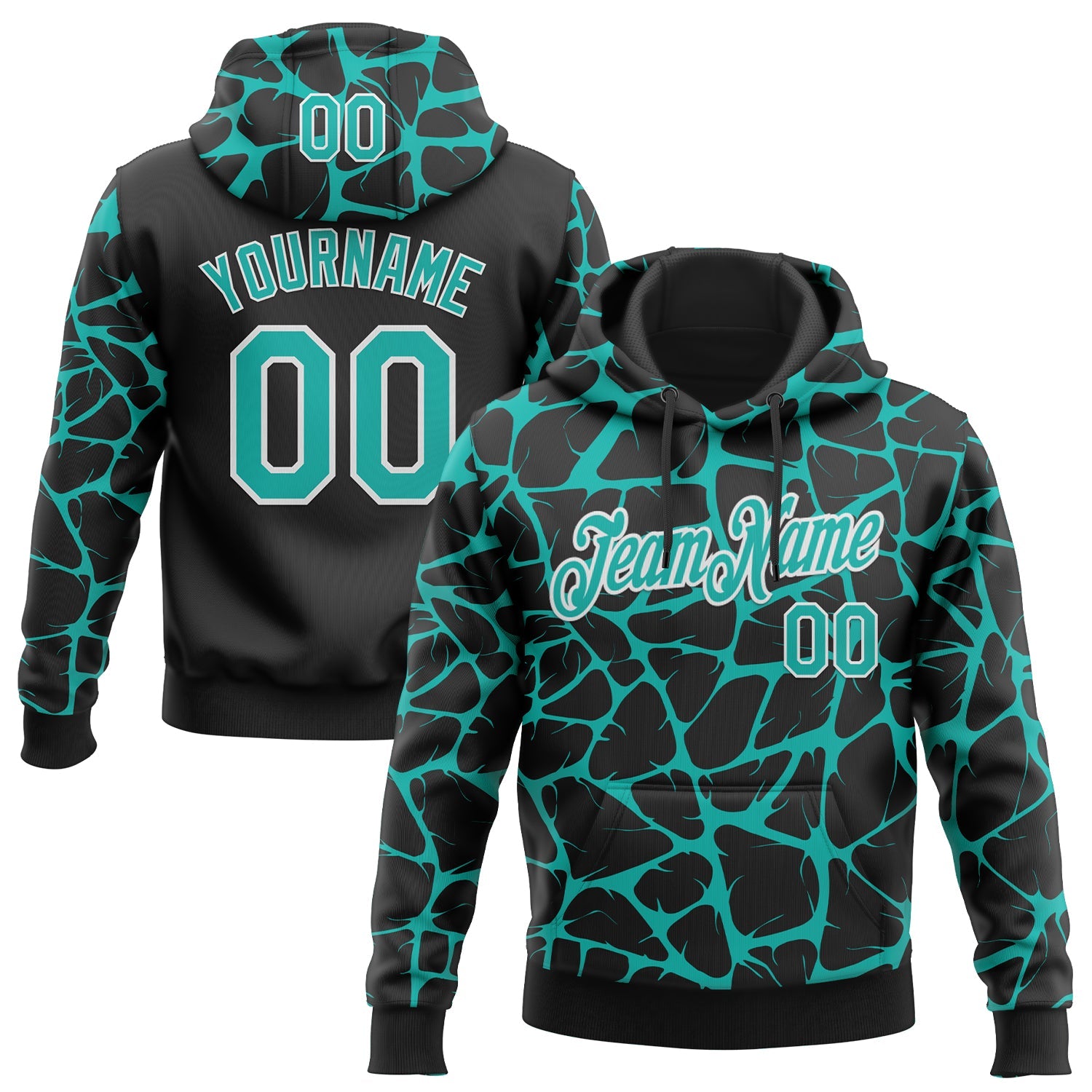 Custom Stitched Black Aqua-White Abstract Network Pattern Sports Pullover Sweatshirt Hoodie - Main View