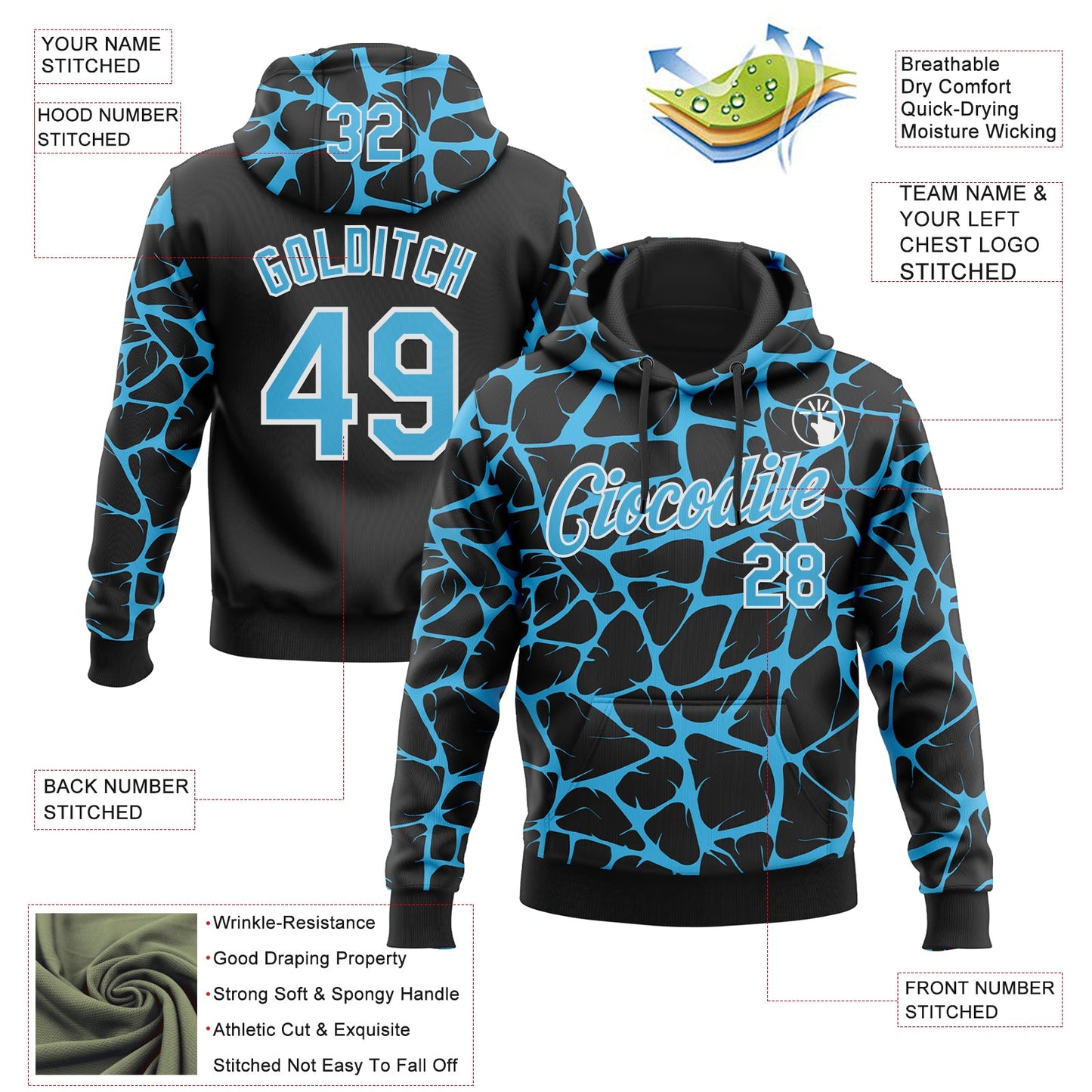 Custom Stitched Black Sky Blue-White Abstract Network Pattern Sports Pullover Sweatshirt Hoodie view 4