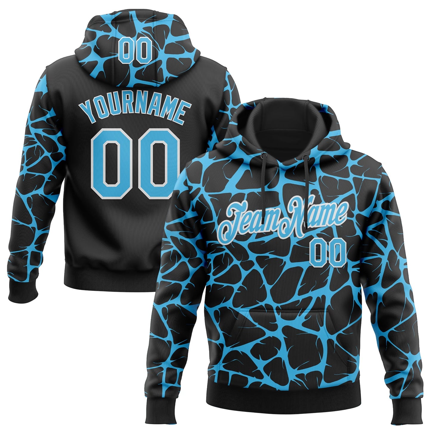 Custom Stitched Black Sky Blue-White Abstract Network Pattern Sports Pullover Sweatshirt Hoodie - Main View