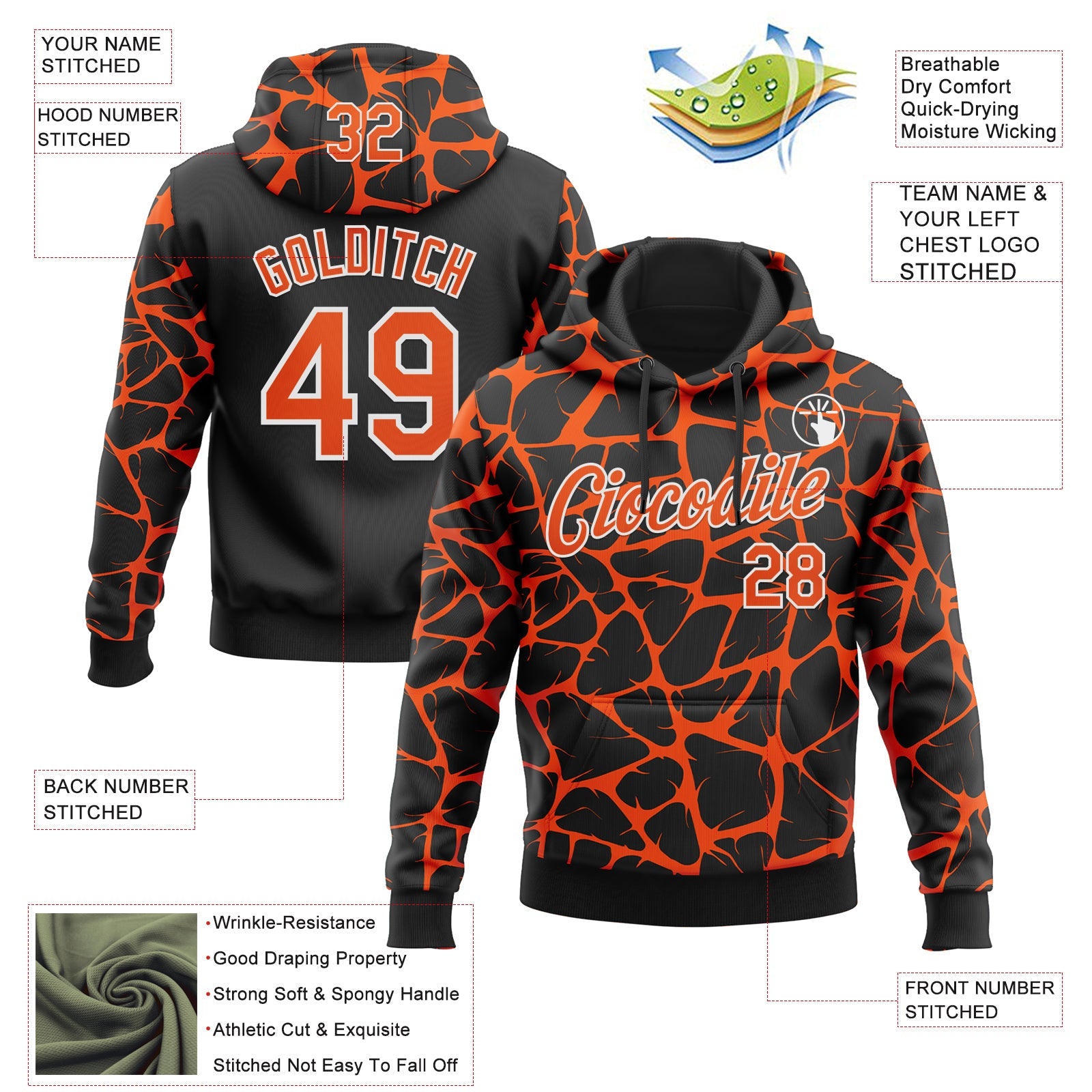 Custom Stitched Black Orange-White Abstract Network Pattern Sports Pullover Sweatshirt Hoodie view 4