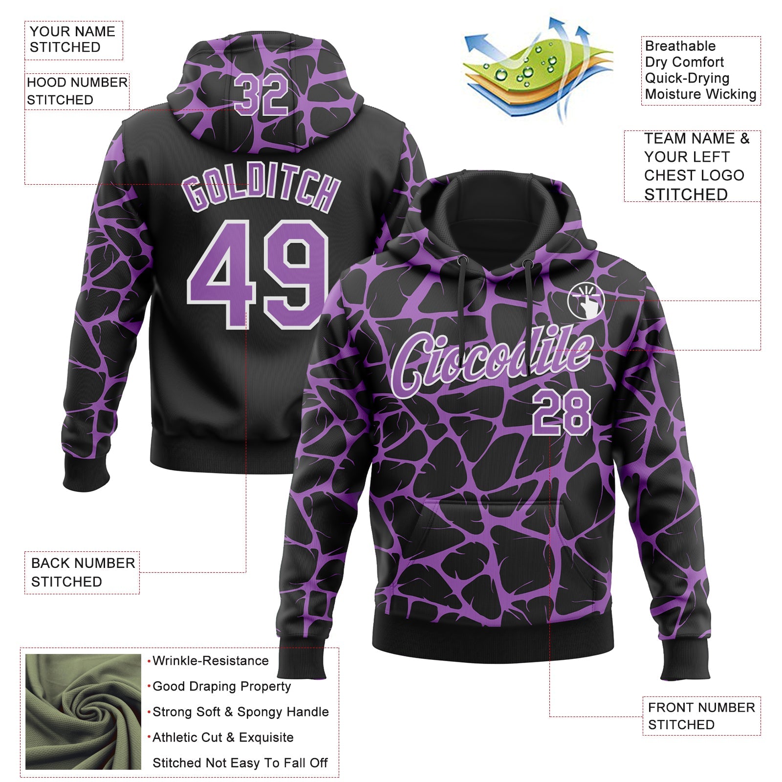 Custom Stitched Black Medium Purple-White Abstract Network Pattern Sports Pullover Sweatshirt Hoodie view 4