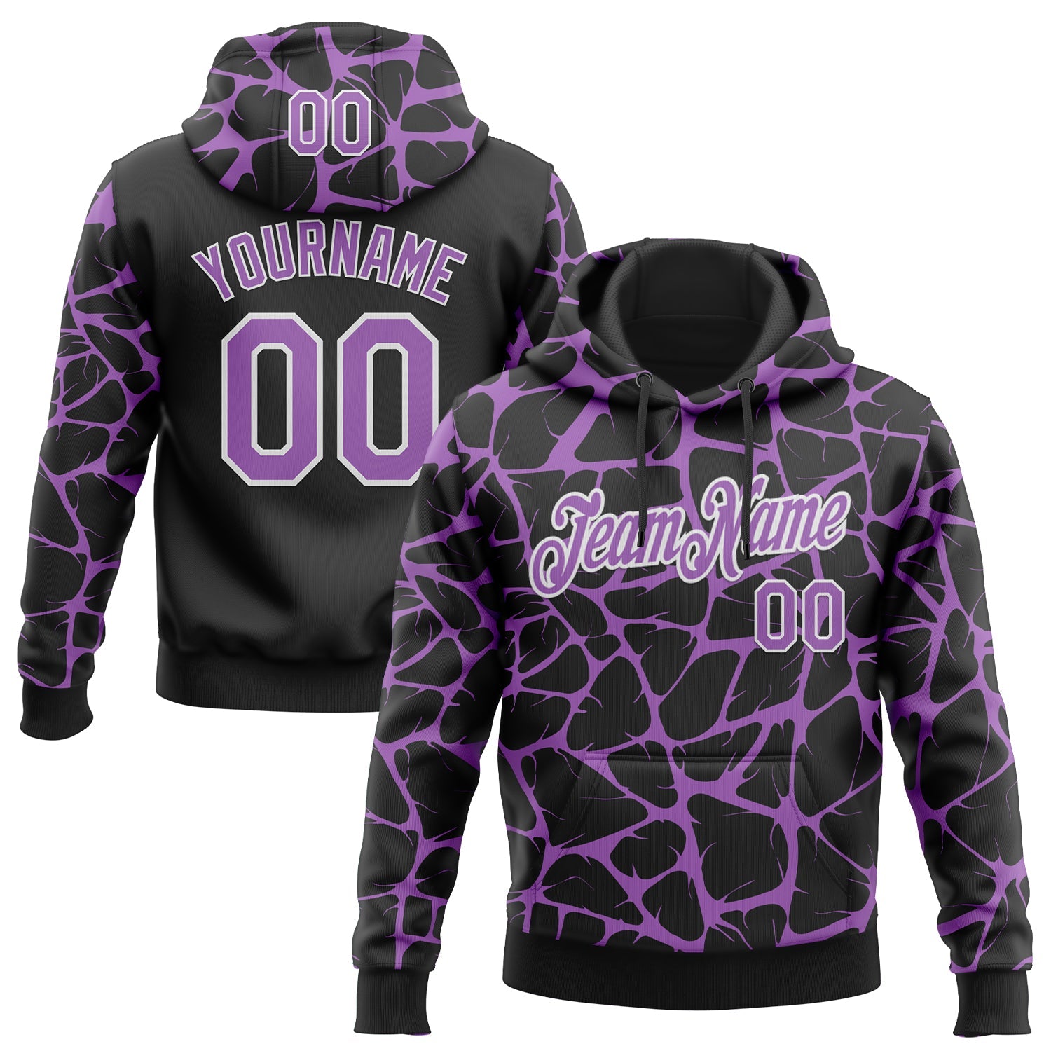 Custom Stitched Black Medium Purple-White Abstract Network Pattern Sports Pullover Sweatshirt Hoodie - Main View