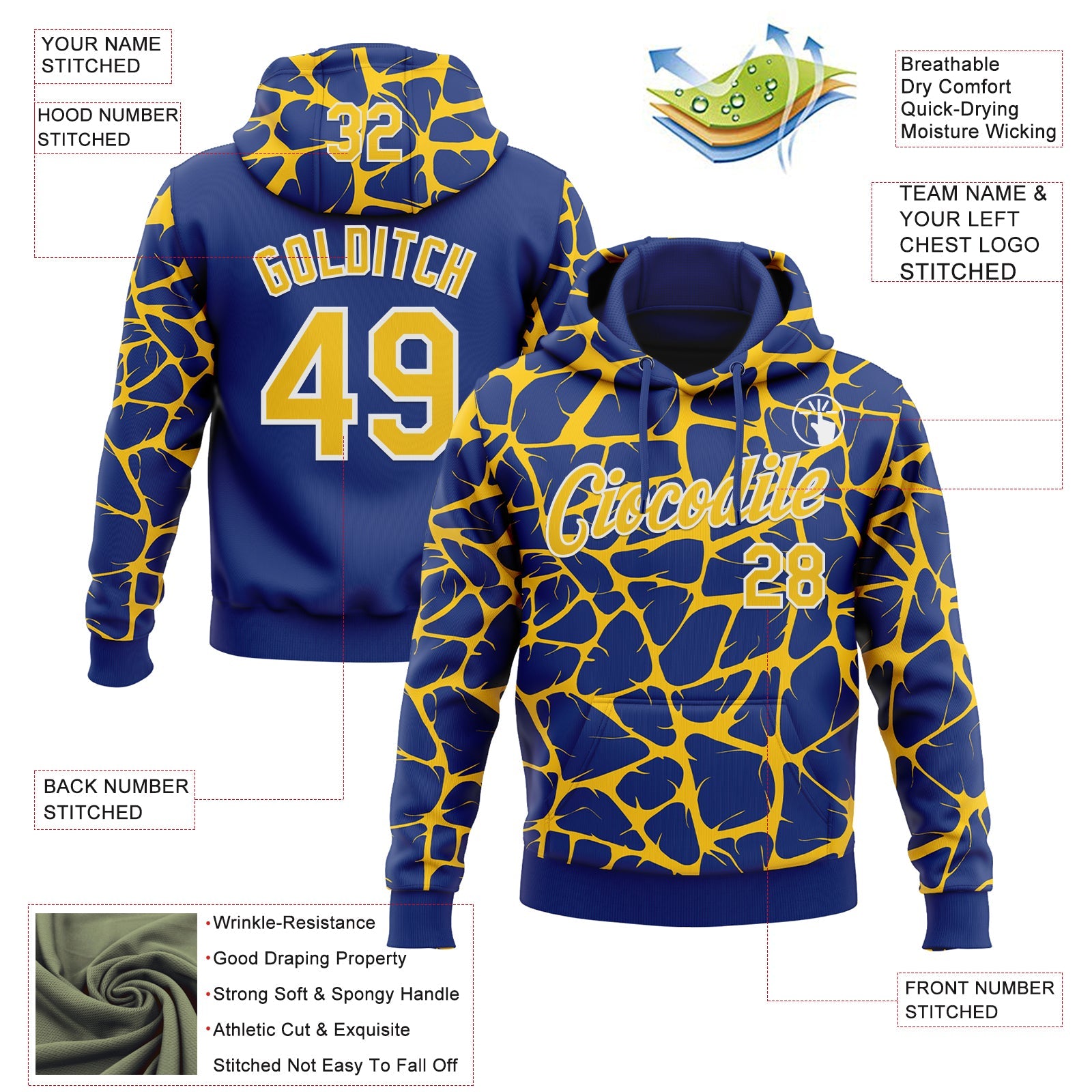 Custom Stitched Royal Yellow-White Abstract Network Pattern Sports Pullover Sweatshirt Hoodie view 4