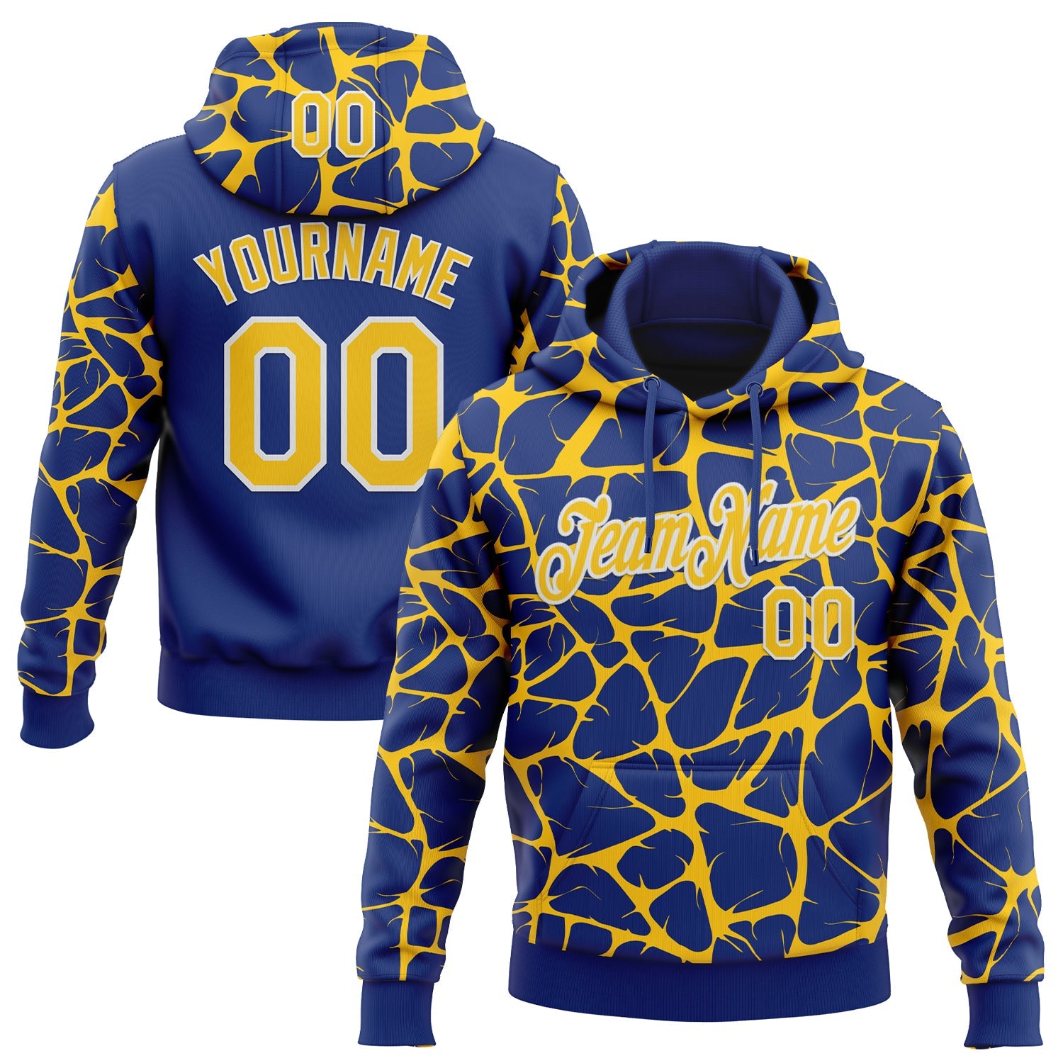 Custom Stitched Royal Yellow-White Abstract Network Pattern Sports Pullover Sweatshirt Hoodie - Main View