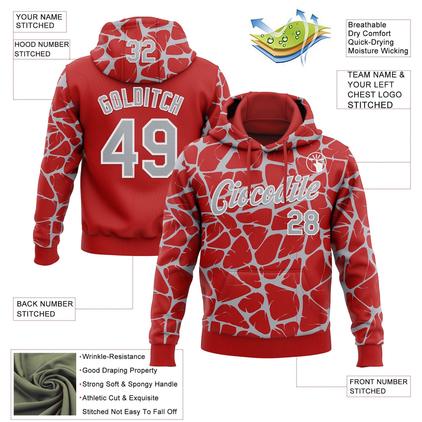 Custom Stitched Red Gray-White Abstract Network Pattern Sports Pullover Sweatshirt Hoodie view 4