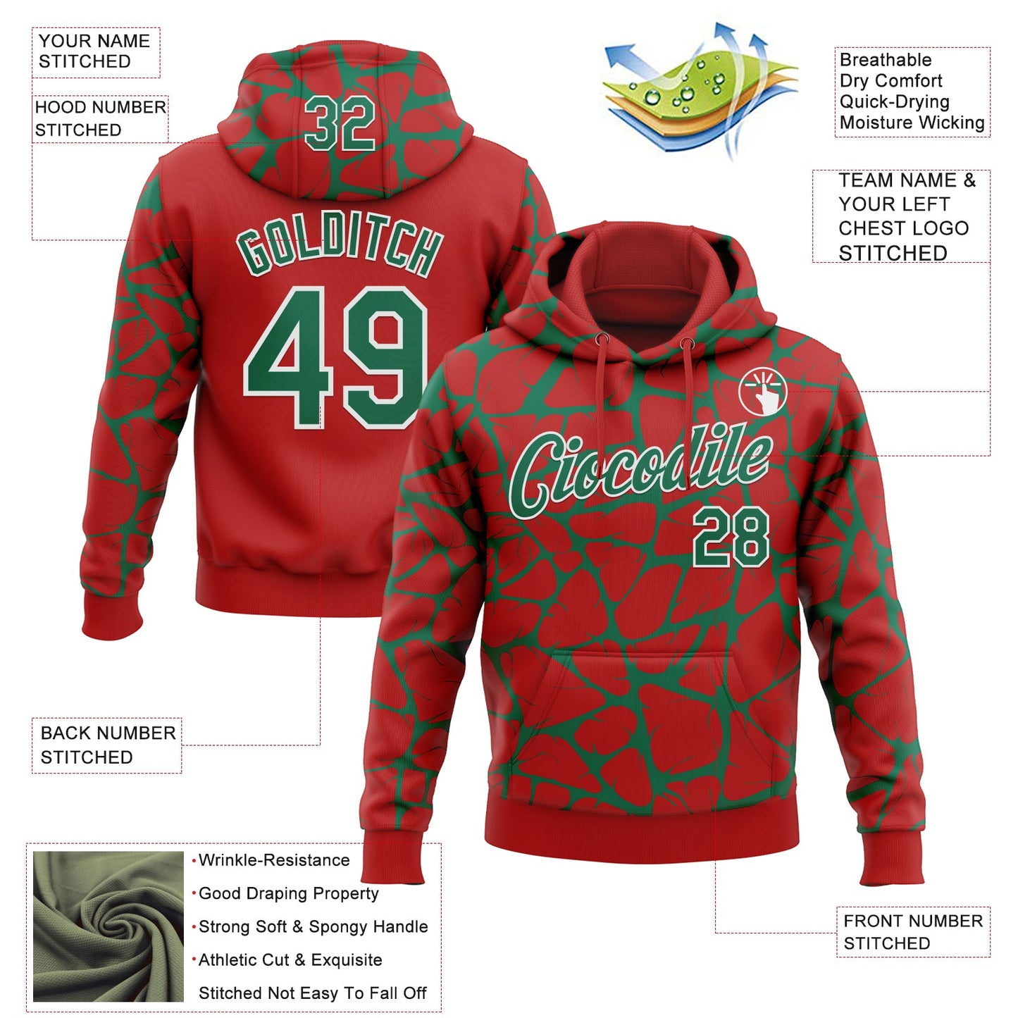 Custom Stitched Red Kelly Green-White Abstract Network Pattern Sports Pullover Sweatshirt Hoodie view 4