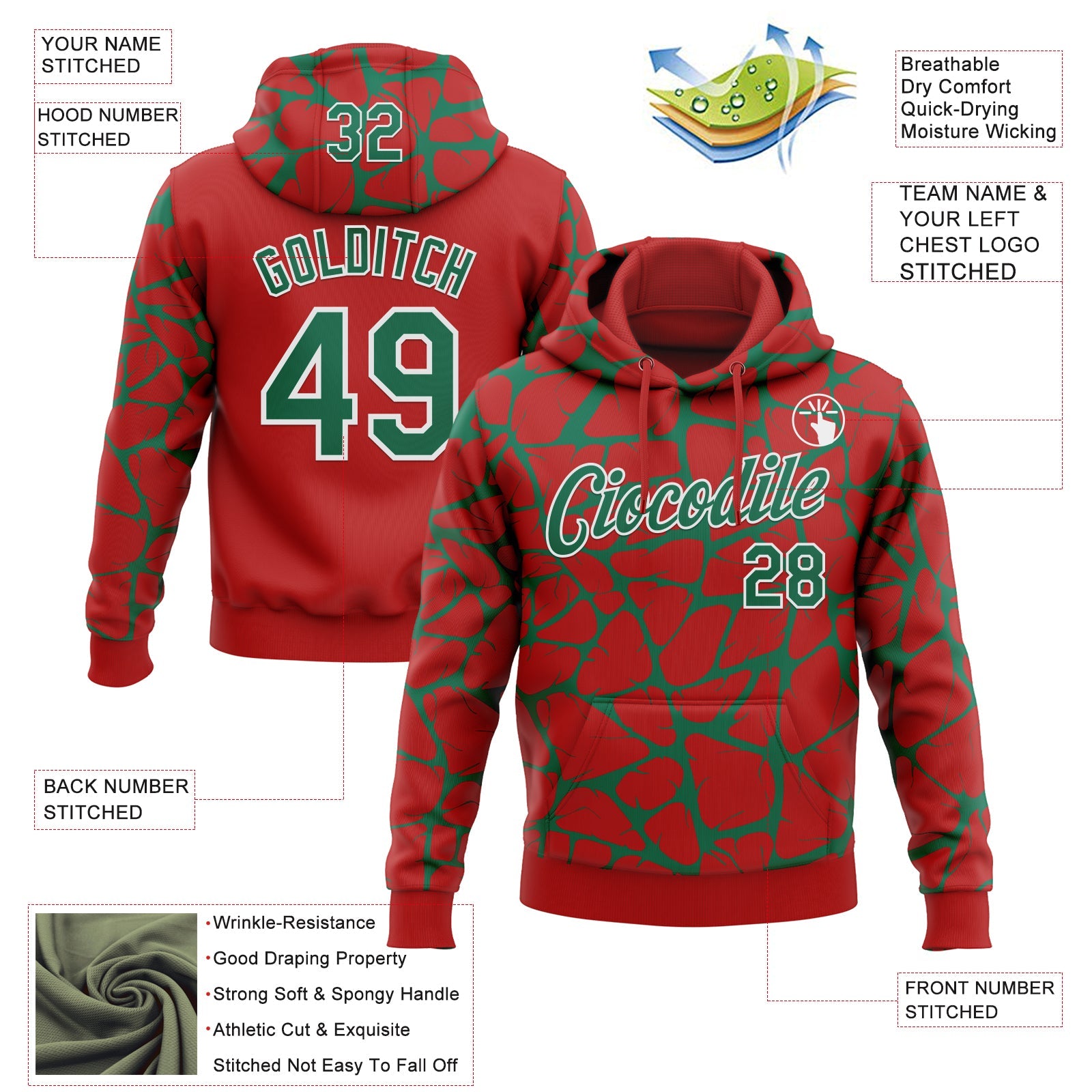 Custom Stitched Red Kelly Green-White Abstract Network Pattern Sports Pullover Sweatshirt Hoodie view 4