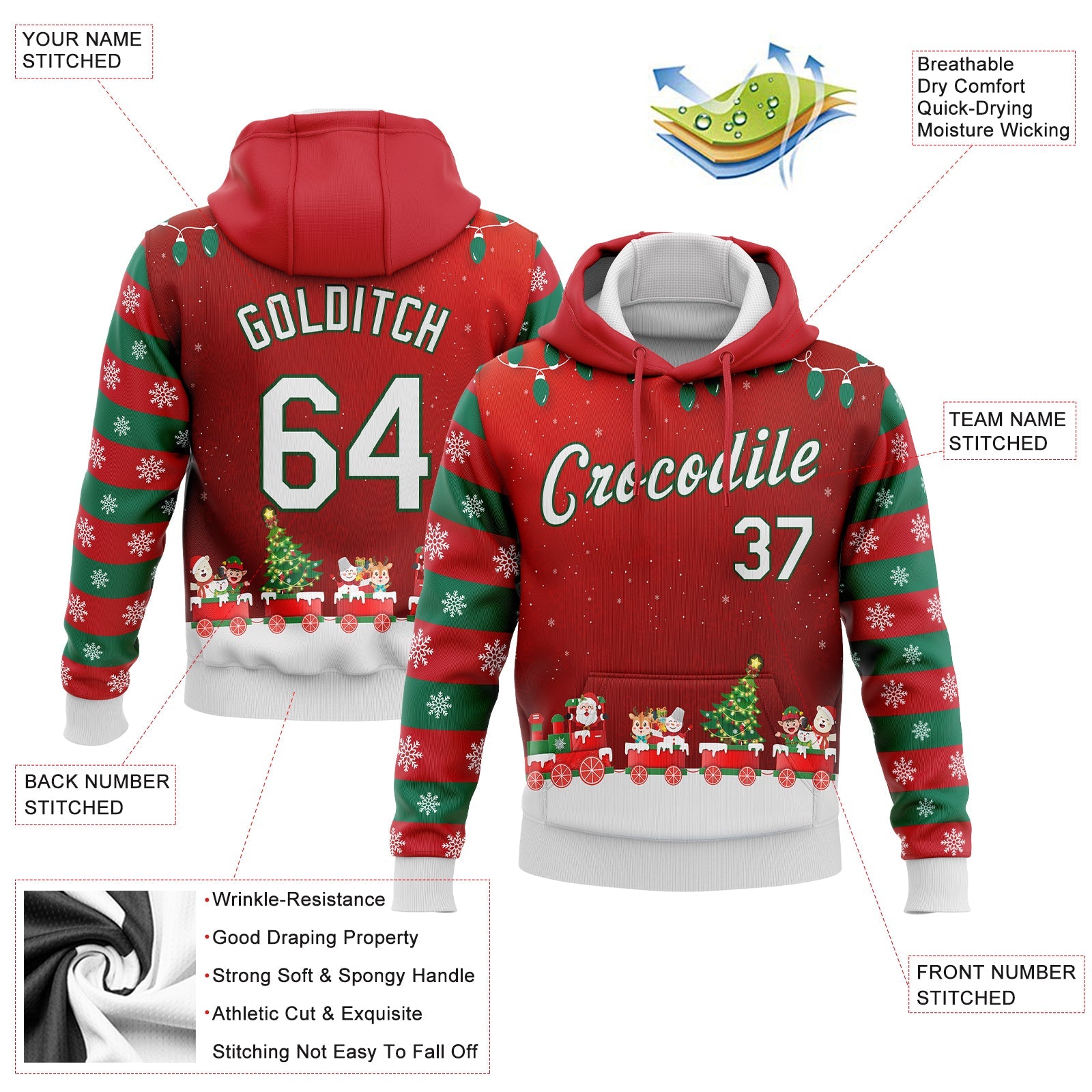 Custom Stitched Red White-Kelly Green 3D Christmas Sports Pullover Sweatshirt Hoodie view 2