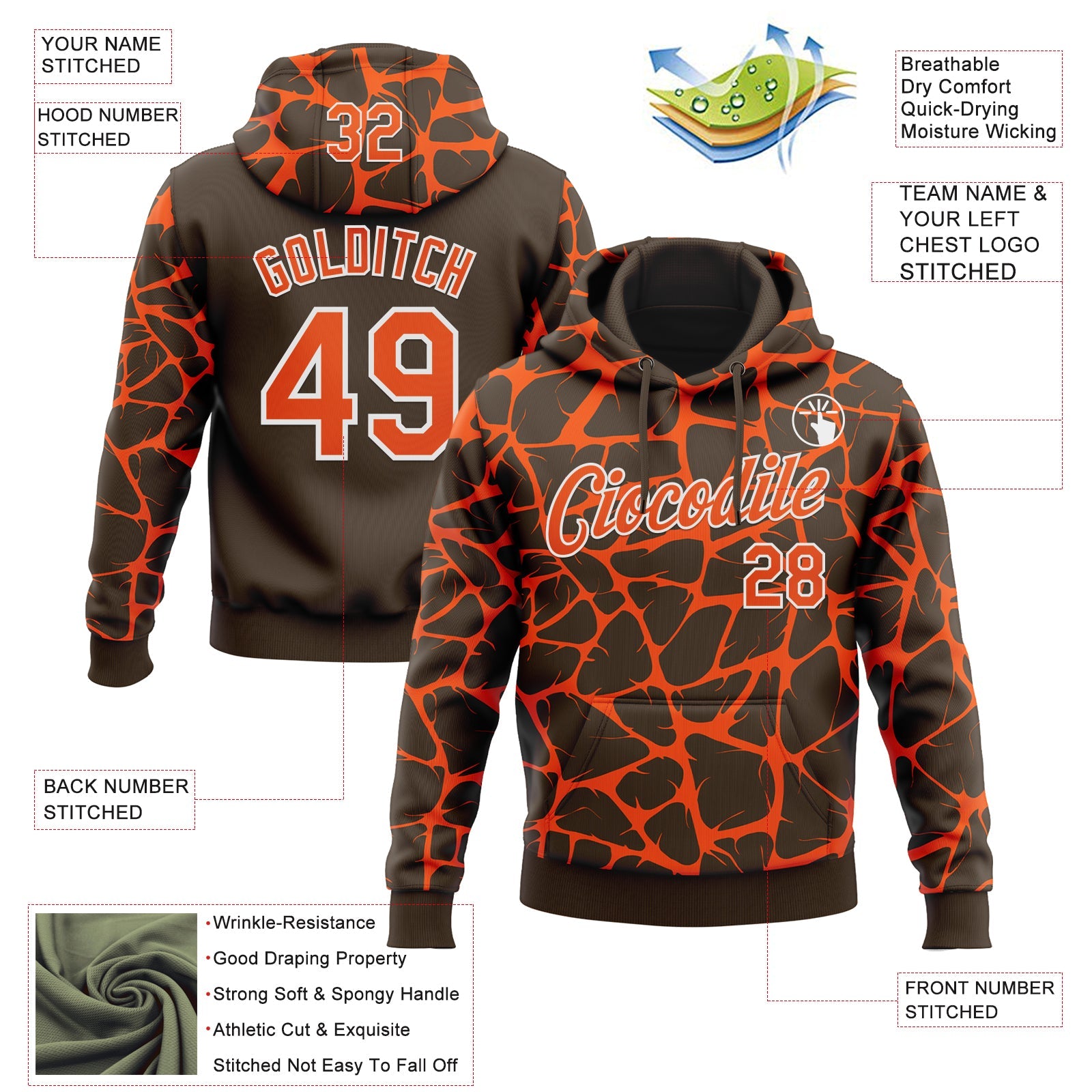 Custom Stitched Brown Orange-White Abstract Network Pattern Sports Pullover Sweatshirt Hoodie view 4
