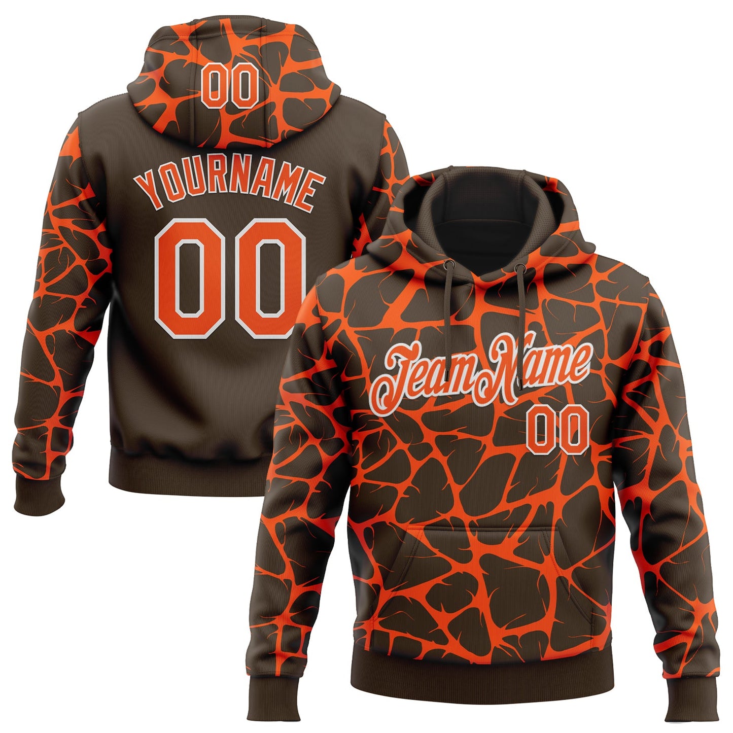 Custom Stitched Brown Orange-White Abstract Network Pattern Sports Pullover Sweatshirt Hoodie - Main View
