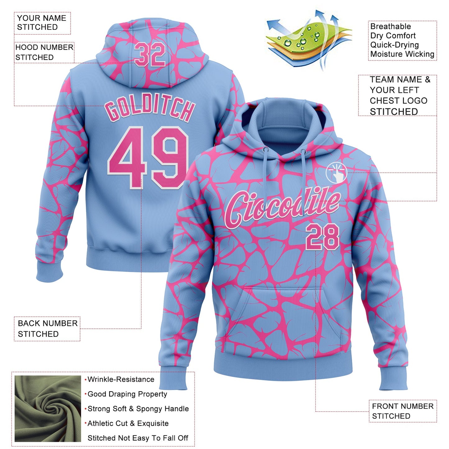 Custom Stitched Light Blue Pink-White Abstract Network Pattern Sports Pullover Sweatshirt Hoodie view 4