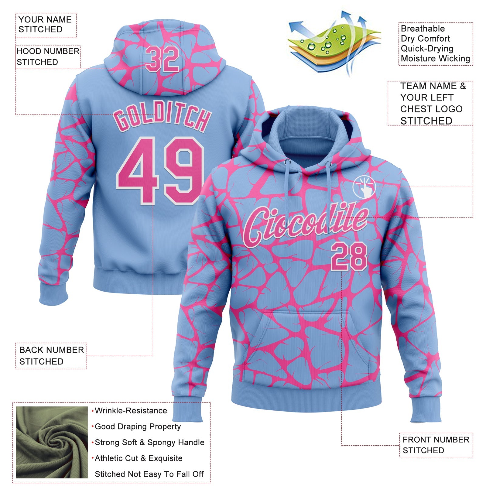 Custom Stitched Light Blue Pink-White Abstract Network Pattern Sports Pullover Sweatshirt Hoodie view 4