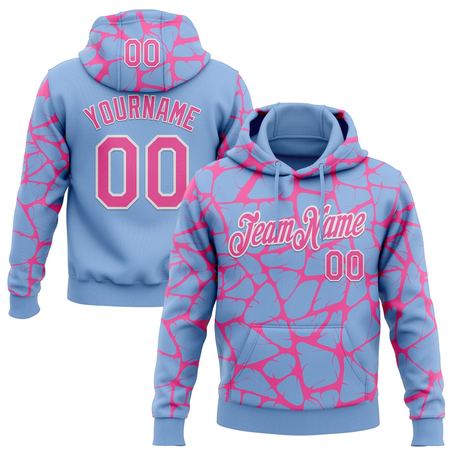 Custom Stitched Light Blue Pink-White Abstract Network Pattern Sports Pullover Sweatshirt Hoodie - Main View