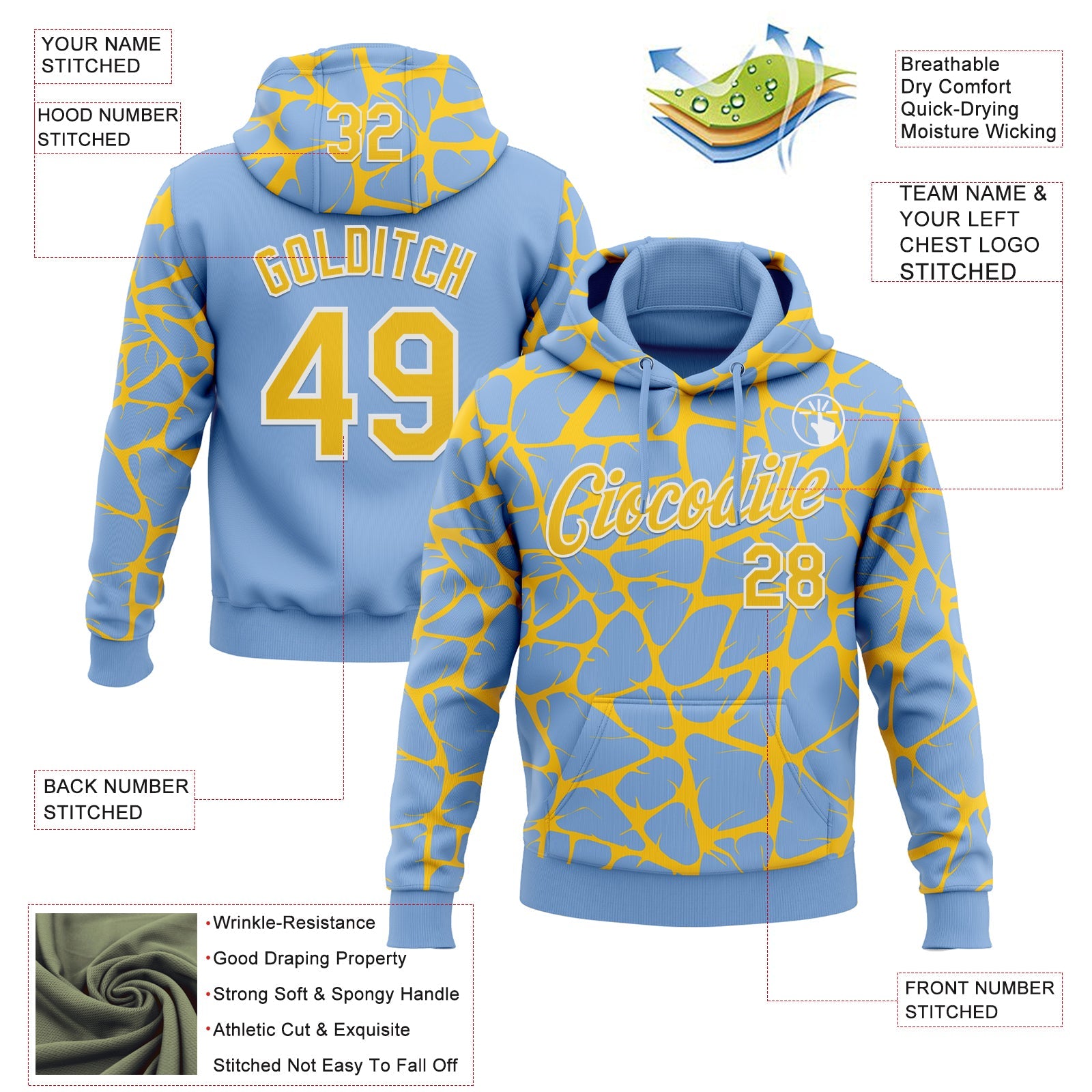 Custom Stitched Light Blue Yellow-White Abstract Network Pattern Sports Pullover Sweatshirt Hoodie view 4